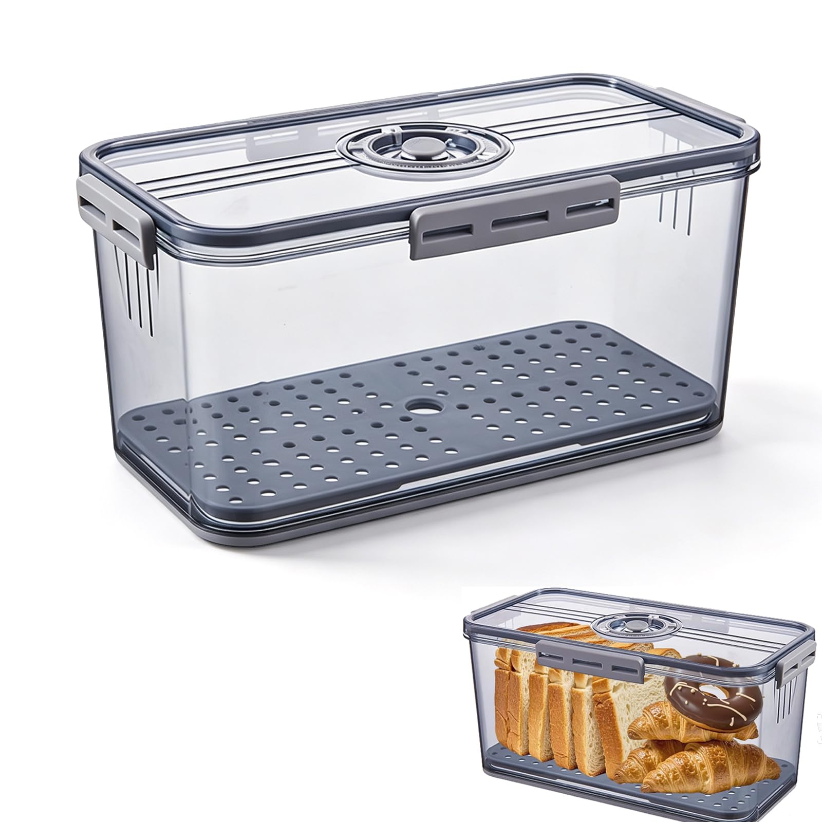 Contenitore Ermetico per Pane Frutta e Verdura, Scatola Conservazione con Vaso Drenante Interno, Design Trasparente con Indicatore Data, Plastica Alimentare per Frigorifero