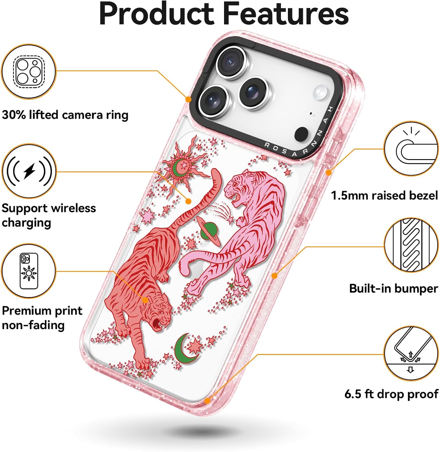 Rosarnnah for iPhone 17 Pro Max Case Cute - Durable Shockproof 6.6 ft Drop Impact Phone Case - Funny Tiger Design (6.9") Glitter Pink