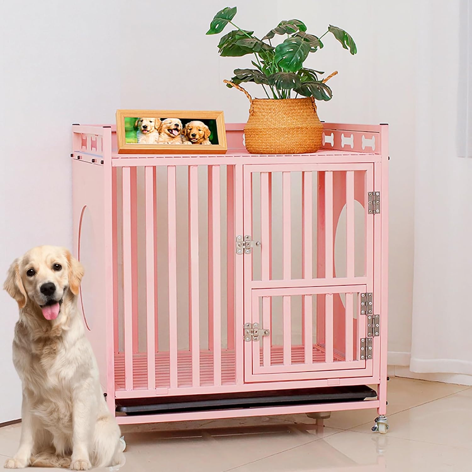 Dog cage,Stylish 2-in-1 Dog Crate & End Table – Decorative Wooden Pet House with Storage Tray for Medium/Large/Small Dogs – Pink Furniture-Style Dog Crate