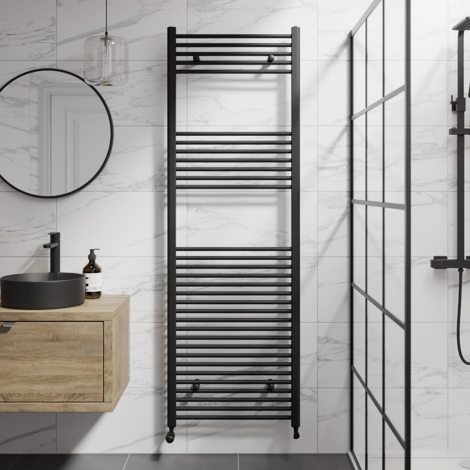 Duratherm Black Duratherm® 1800 X 600Mm Flat Straight Heated Towel Rail Radiator Modern Central Heating Bathroom Warmer Wall Mounted Ladder Rad, Matt