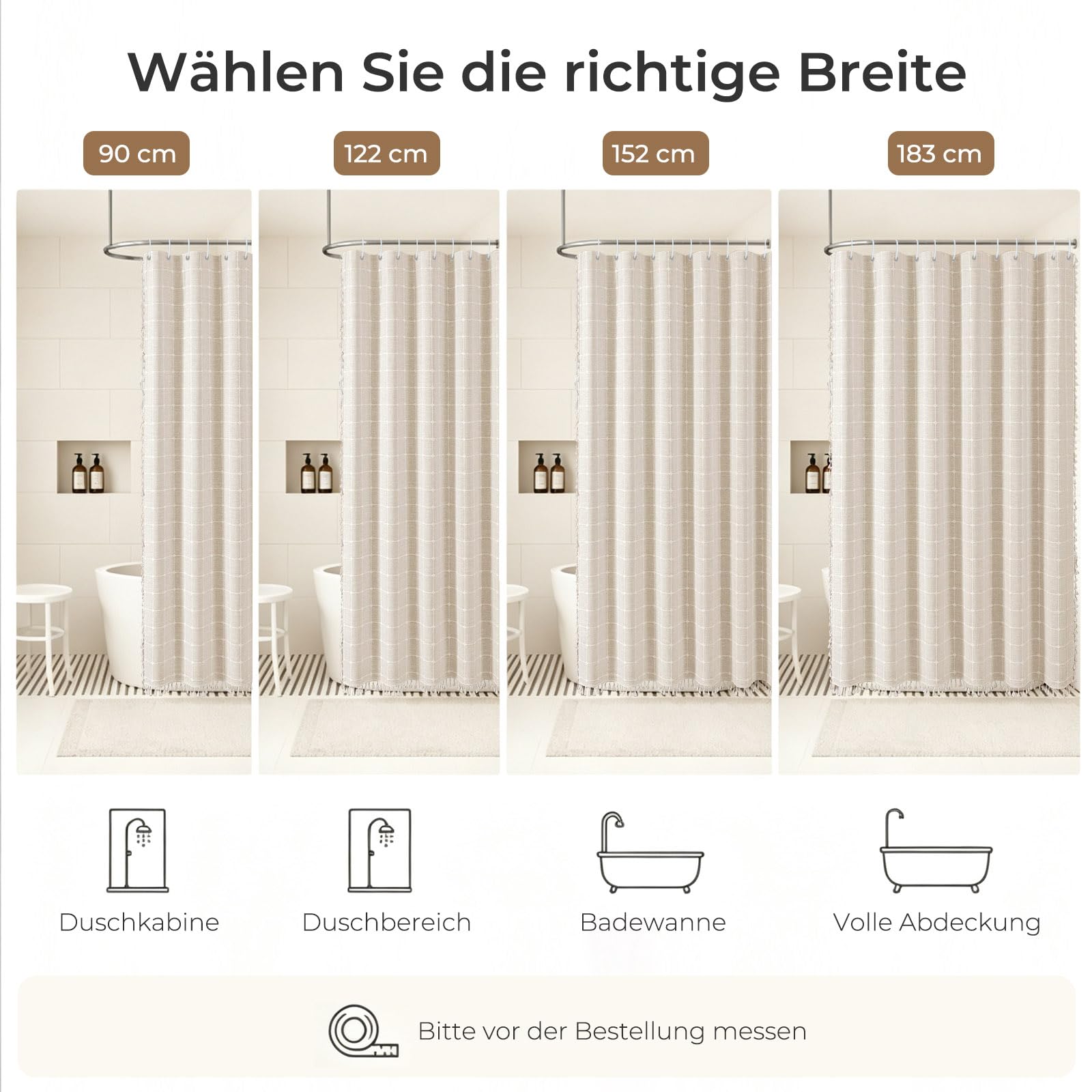 Stoff Duschvorhang Leinen-Mischgewebe Quasten Boho Landhaus Beige | Wasserabweisende Oberfläche. Weicher Fall. Maschinenwaschbar. Für ein gemütliches Bad. Haken inklusive. Mehrere Größen
