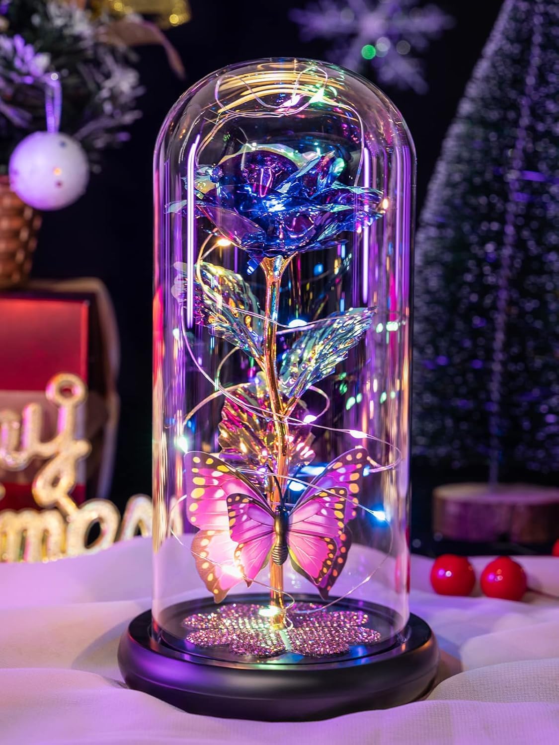 Brienstripe Rose Flower Gift Diamond Base, Galaxy Glass Rose Forever Eternal Crystal Flower Light Up Rose in Glass Dome with Butterfly Birthday Valentine Gifts for Women Daughter Mom Wife Girlfriend.-image-14