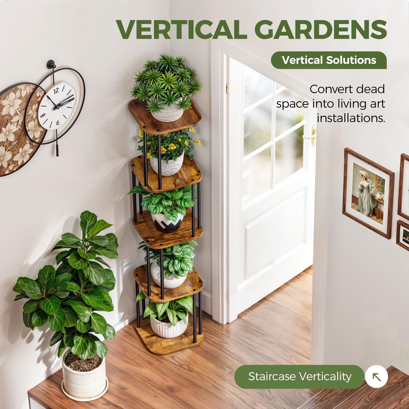 Bamworld Plantenstandaard voor hoek, houten plantenrek voor binnen, kleine houder voor bloemen, buiten, metaal, gelaagde plantentafel voor raam, balkon, woonkamer, tuinieren (4 niveaus