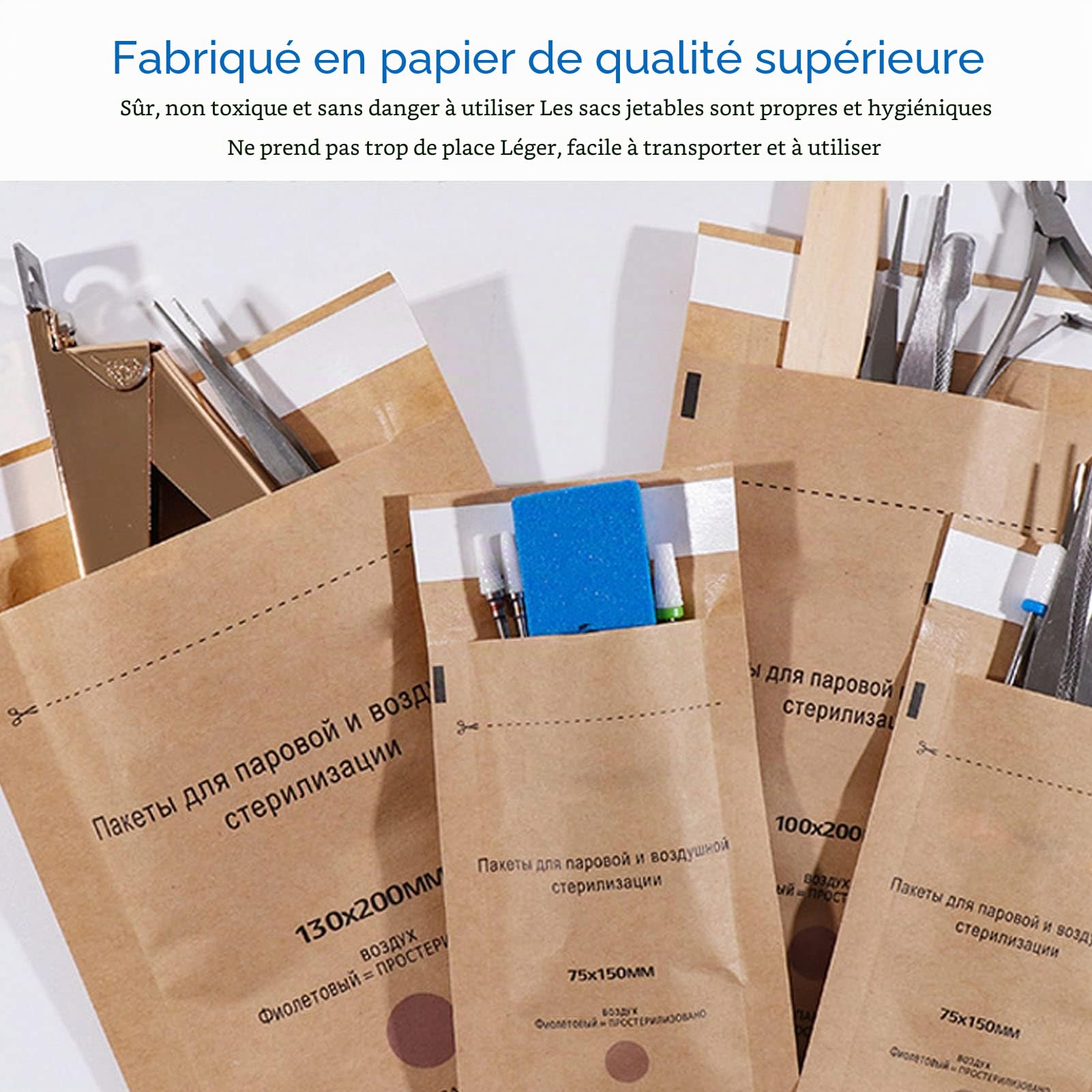 Sacs de Stérilisation Jetables 100 Pcs Sacs de Stérilisation Sacs de Stérilisation des Dents Stérilisateurs pour Outils Cosmétiques pour Ongles 100 X 200 Mm