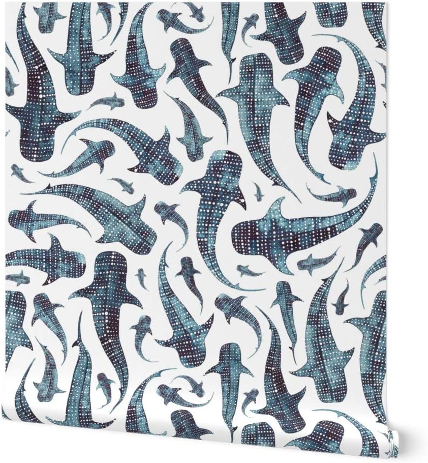 Peel & Stick Wallpaper 3ft x 2ft - Whale Shark Blue Animal Swimming Navy Sea Ocean Custom Removable Wallpaper by Spoonflower