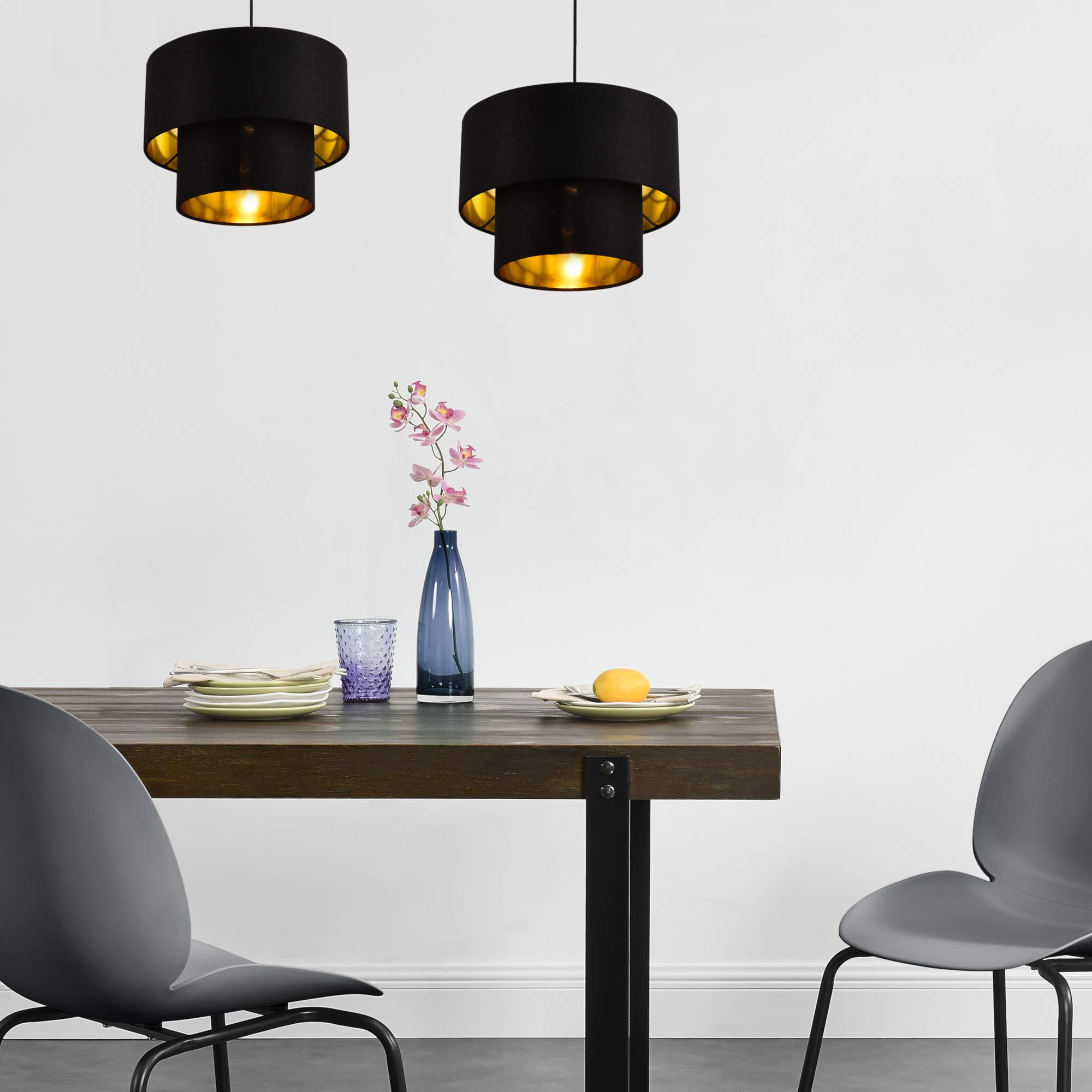 lux.pro Lampada a Sospensione con Doppio Paralume Cilindrico Ø 30 cm in Tessuto Lampadario ad Altezza Regolabile Lampada da Soffitto per Soggiorno Salotto Ingresso - Nero/Oro