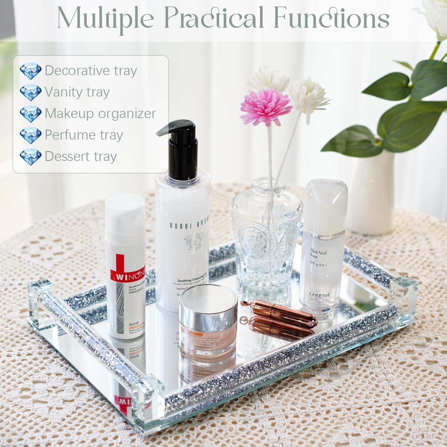 kanpura Mirror Perfume Tray, Crushed Diamond Filled Crystal Glass Vanity Tray, Decorative Bathroom Trays with Handles, Jewelry Trinket Holder for Party, Bathroom, Bedroom for Women - Image 5
