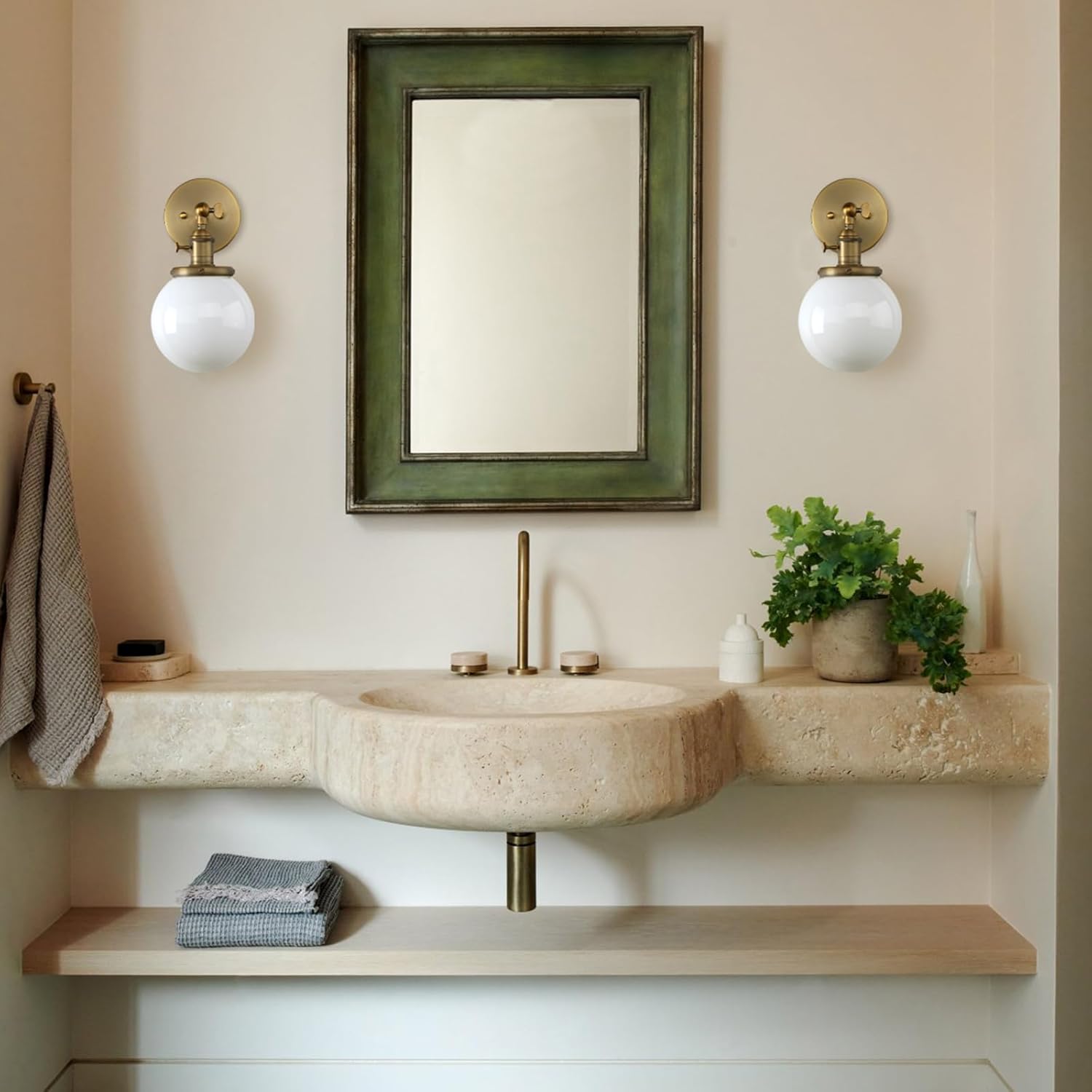 Pathson Hardwired Wall Sconce with White Globe, Brass Bathroom Vanity Light with On Off Switch, Vintage Wall Light Fixtures for Living Room Loft Hallway