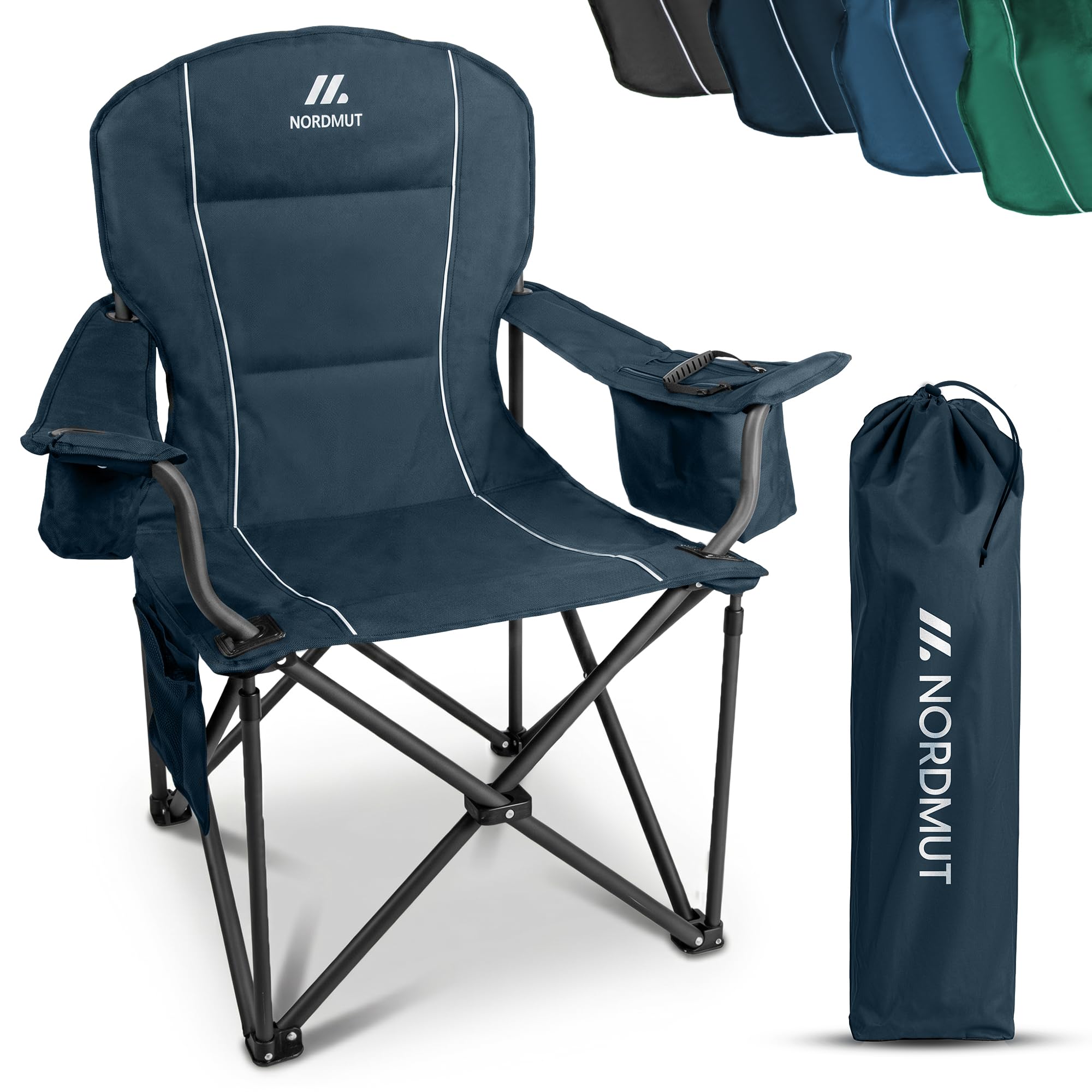 Chaise de camping pliante NORDMUT bleu marine, fauteuil de pêche avec sac isotherme