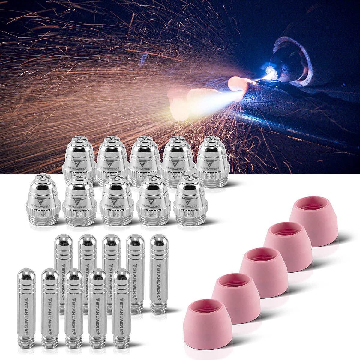 Accessoires pour plasma STAHLWERK AG-60 Pièces d'usure pour torche à plasma :Buses à plasma + électrodes + capuchons en céramique ensemble de 25 pièces