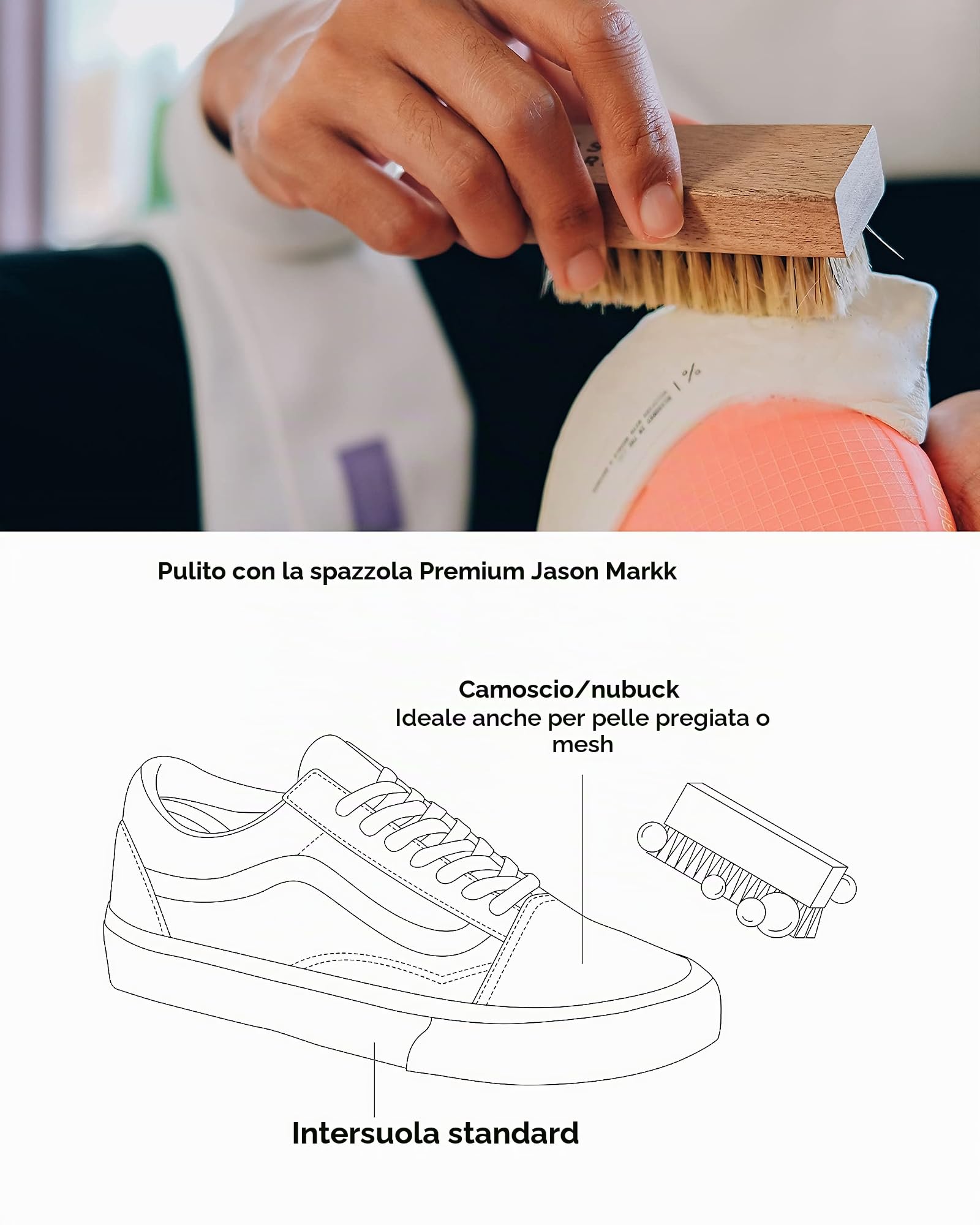 Jason Markk Spazzola per la pulizia in set con schiuma detergente pronta all'uso – perfetta per la pulizia di pelle scamosciata e altri materiali