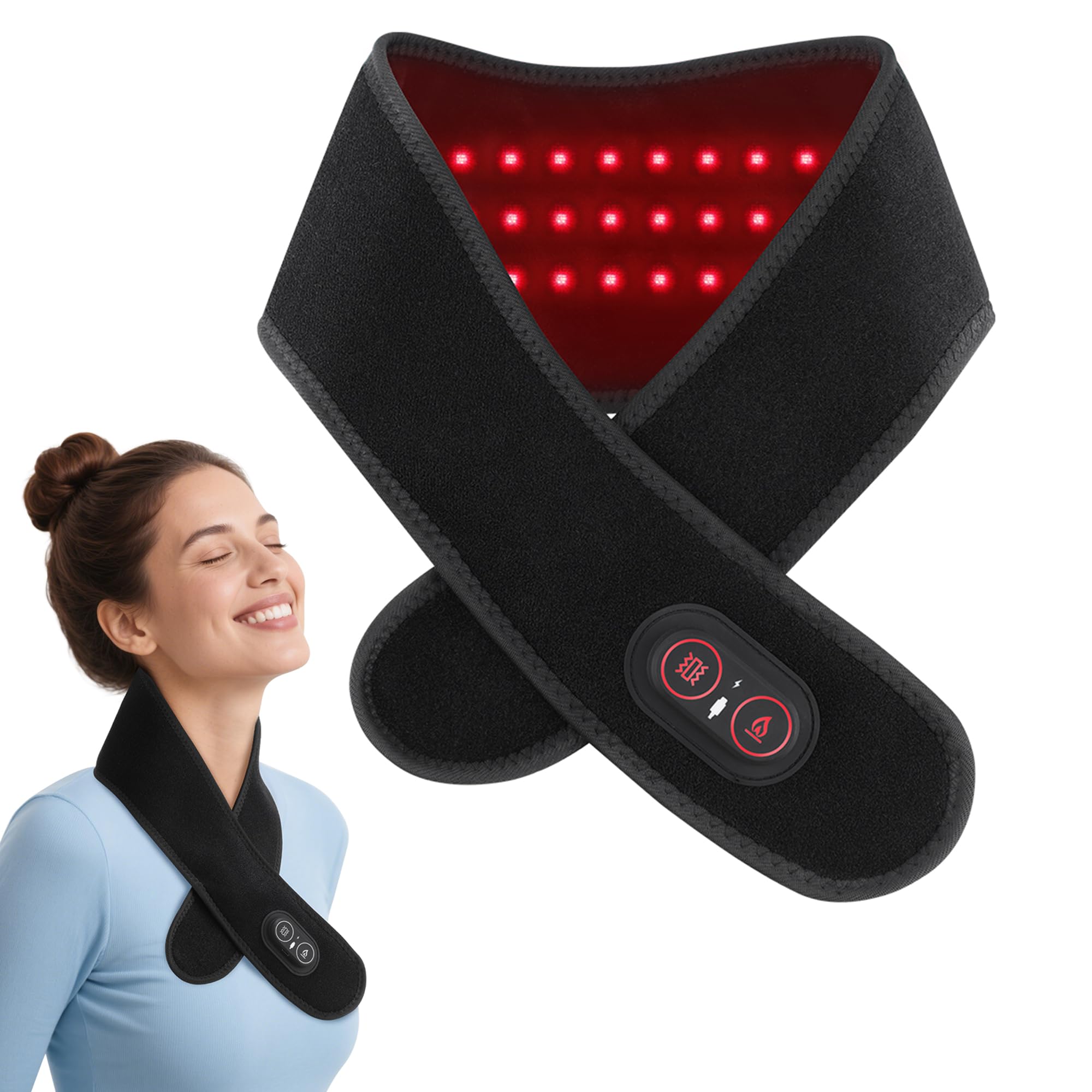 Masajeador de cuello con calor – Cojín térmico para cuello con batería de 3000 mAh, almohadilla térmica calentador de cuello eléctrico con 3 niveles de calor y 3 vibraciones y luz roja, sin cable