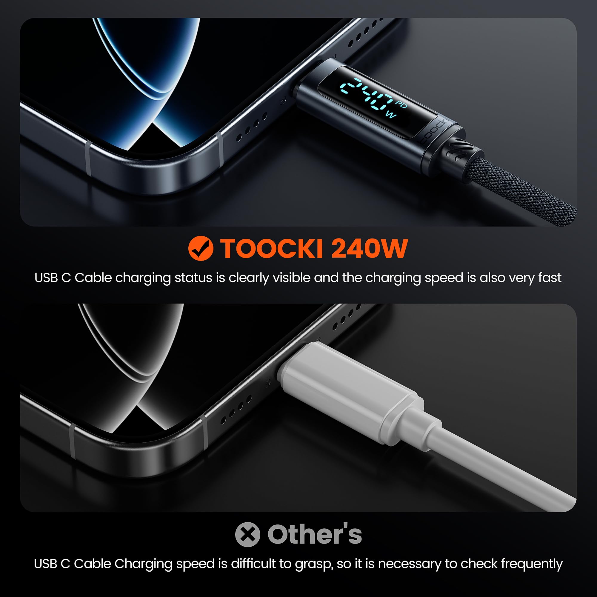 toocki Cavo USB C [confezione da 2, 2 m] 240 W cavo di ricarica rapida con display a LED compatibile con iPhone 16 15 Pro Max, iPad Pro, Samsung Galaxy S24 S23, Switch, MacBook Air, Pixel