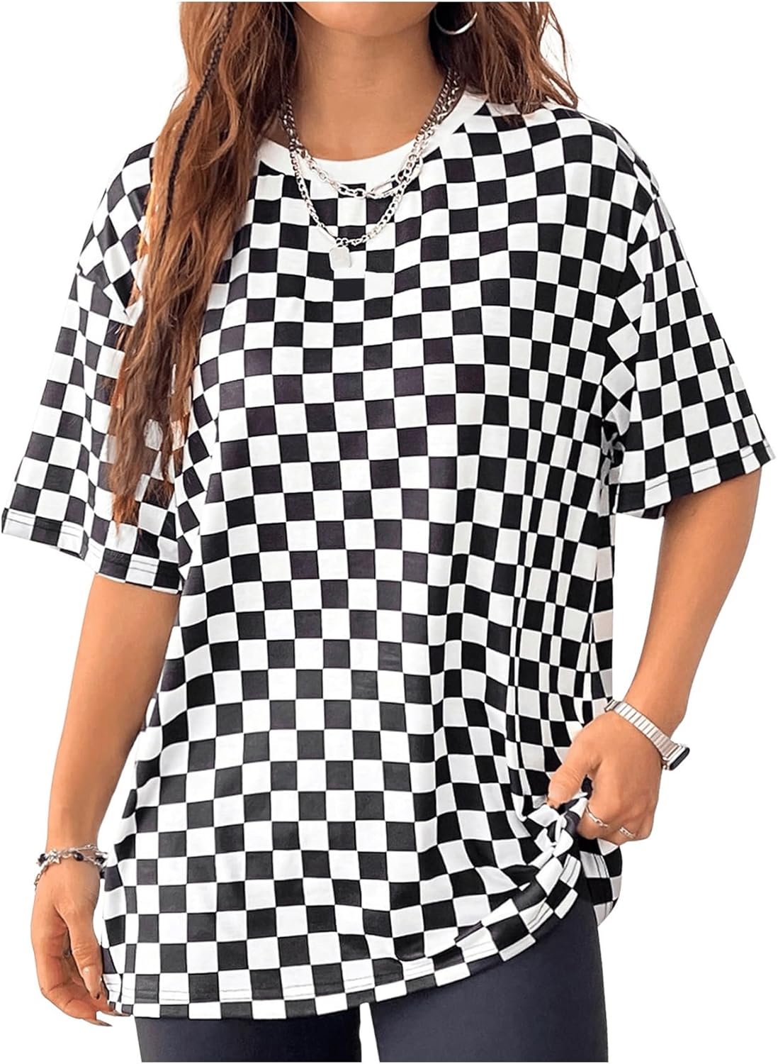 WDIRARA Women's Plus Size Plaid Checkered T Shirt Crewneck Half Sleeve Tee Oversized Top - Image 4