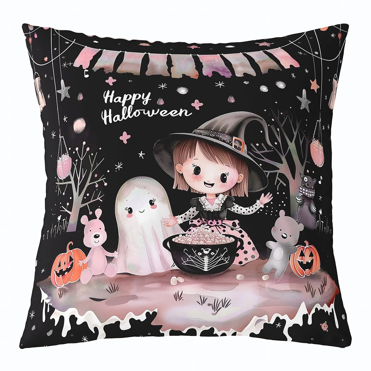 Happy Halloween Throw Pillow Cover Cute Witch Cartoon Ghost Bear Cushion Cover for Kids Girls Teens Hippie Watercolor Pumpkin Stars Graffiti Cushion Case for Bedroom 18x18 Inch
