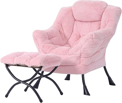 Welnow Lazy Chair with Ottoman, Modern Lounge Accent Chair with Armrests and a Side Pocket, Leisure Upholstered Sofa Chair Set, Reading Chair with Footrest for Small Space, Corner Chair