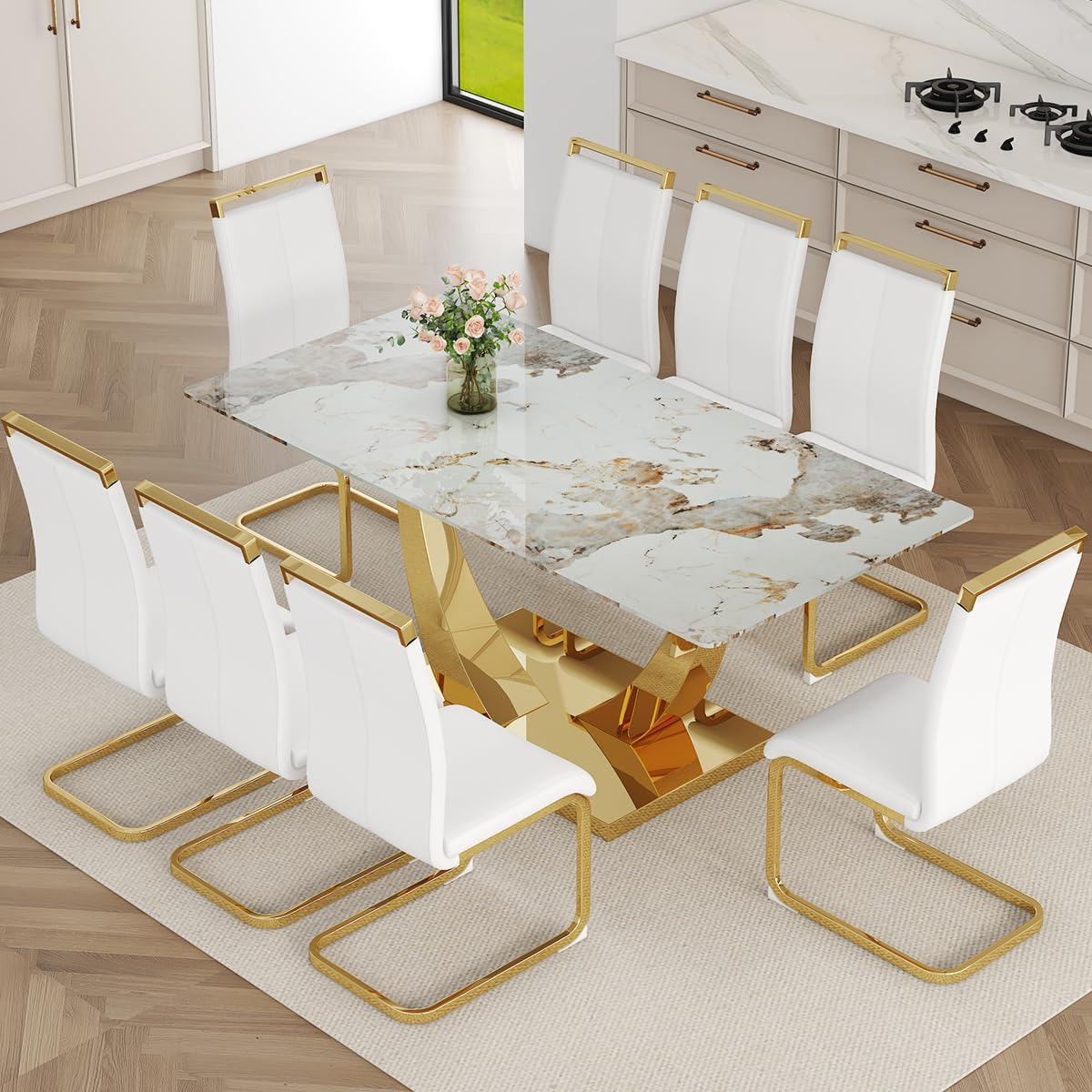 NYEESS faux marble dining table set with 8 white PU leather chairs with golden legs