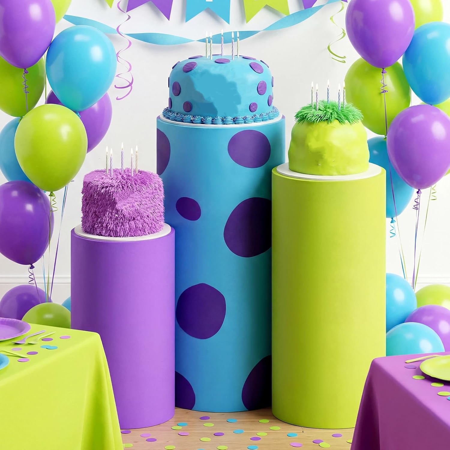 Set of 3 Monster Cartoon Spandex Cylinder Stand Covers, Purple Green Blue Cylinder Pedestal Cover, Dessert Table Display for Monster Theme Birthday Baby Shower Party Decor