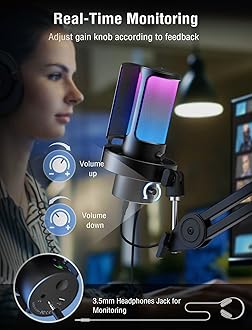 FIFINE Gaming USB Microphone, PC Computer Mic with 4 Polar Patterns for Podcast Streaming Recording YouTube, RGB Condenser Desktop Mic for Windows, Mac, with Headphone Jack-AmpliGame A8 Plus