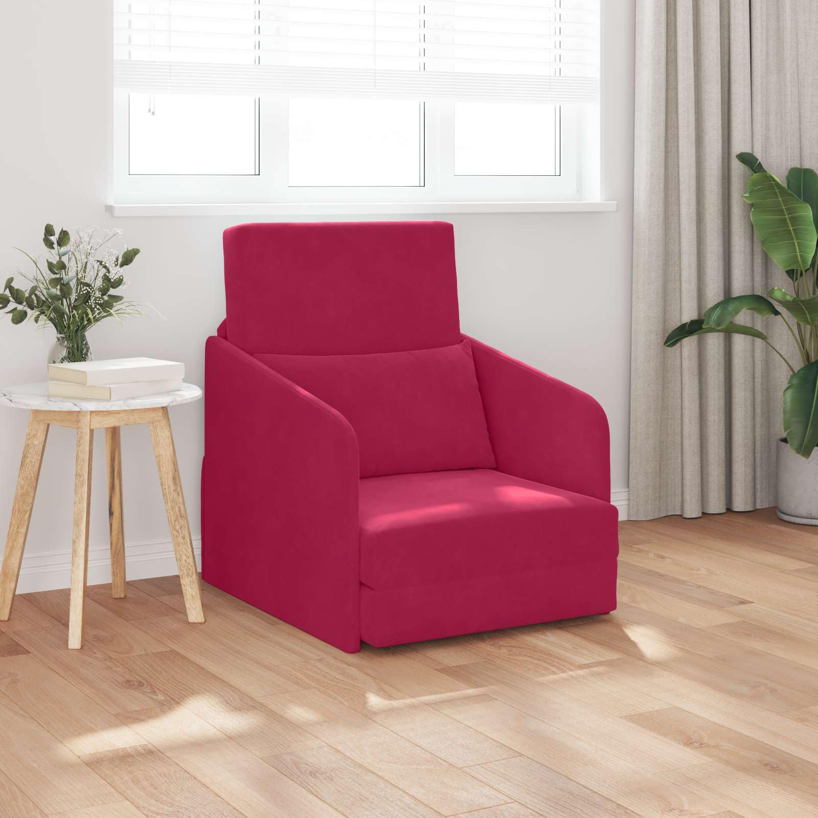 Canapé-lit en velours rouge vin 65 x 80 x 83 cm avec coussin et accoudoir, meuble rembourré polyvalent pour salon, chambre d'amis, bureau, idéal pour s'asseoir, se coucher, se détendre et