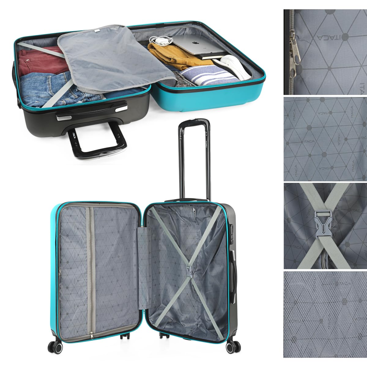 ITACA - Maleta Mediana con 4 Ruedas Giratorias para Viajes Largos Tipo Trolley Ideal como Maletas de Viaje Grandes 23 Kilos y Maleta Viaje Mediana Resistentes, Turquesa-Antracita