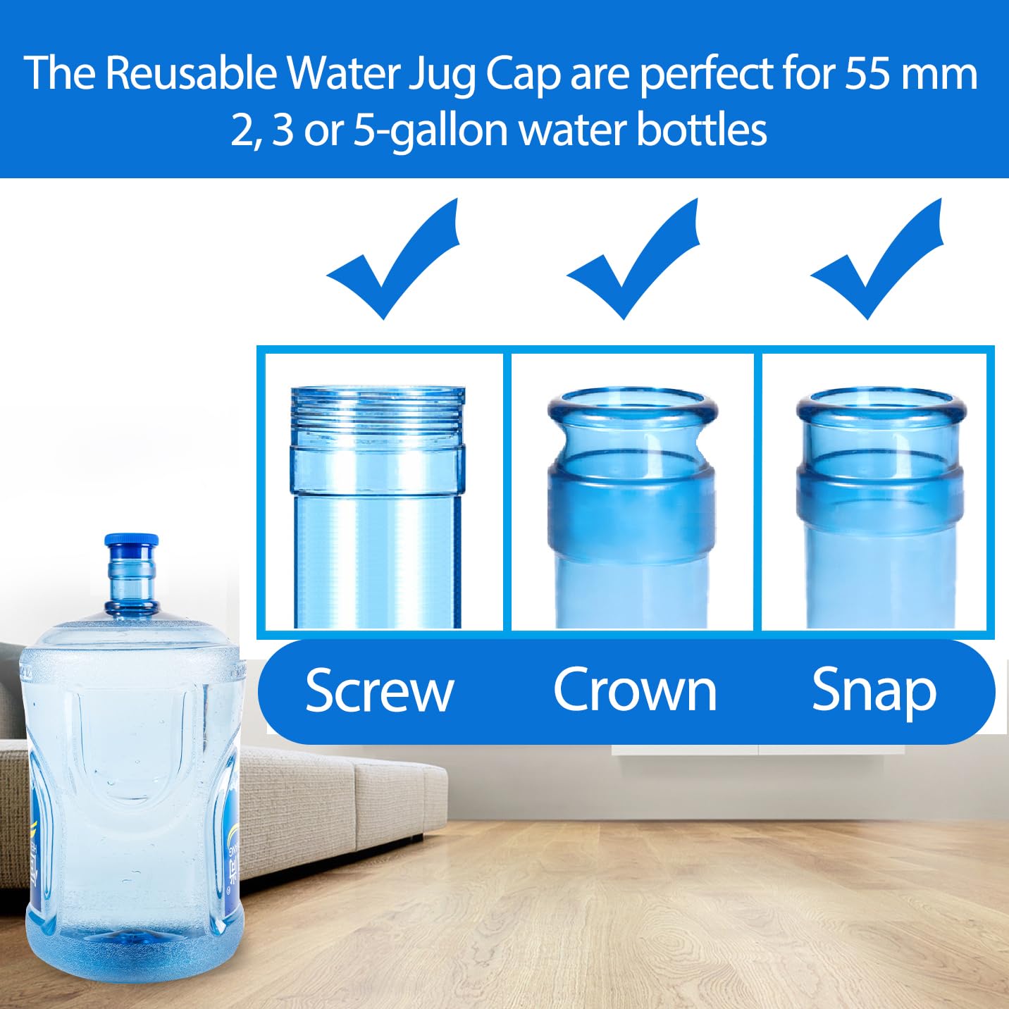 3PCS Silicone Water Jug Caps (55mm) - Food Grade, Leakproof Replacement Lids For 2-5 Gallon Water Bottles