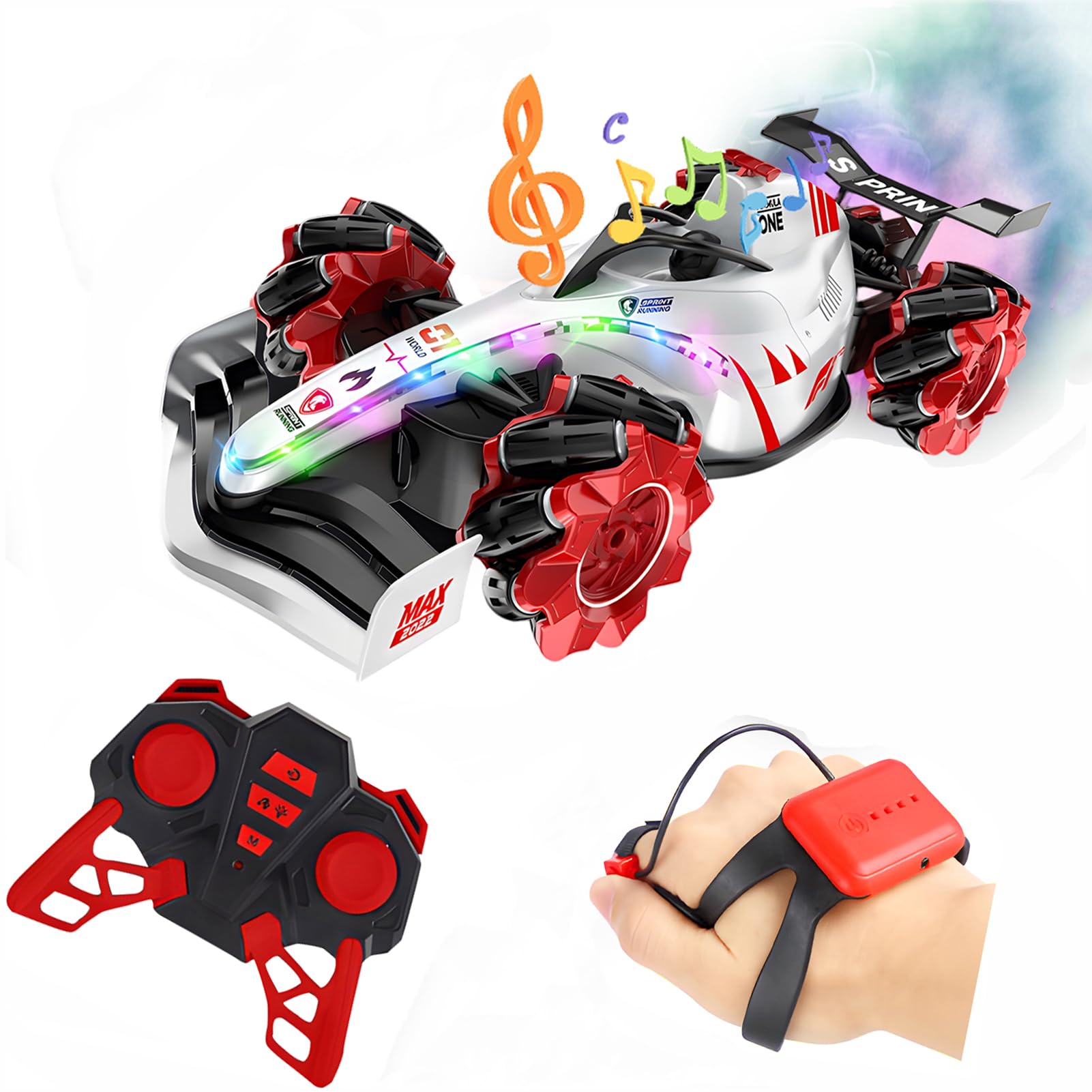 MEBEGINF1 Spray Remote Control Racing Car Toy, RC Toy Car Double Sided Rotating Off Road Vehicle 360° Flips with Lights Music, Toys Gifts for Boys Girls Kids 6+