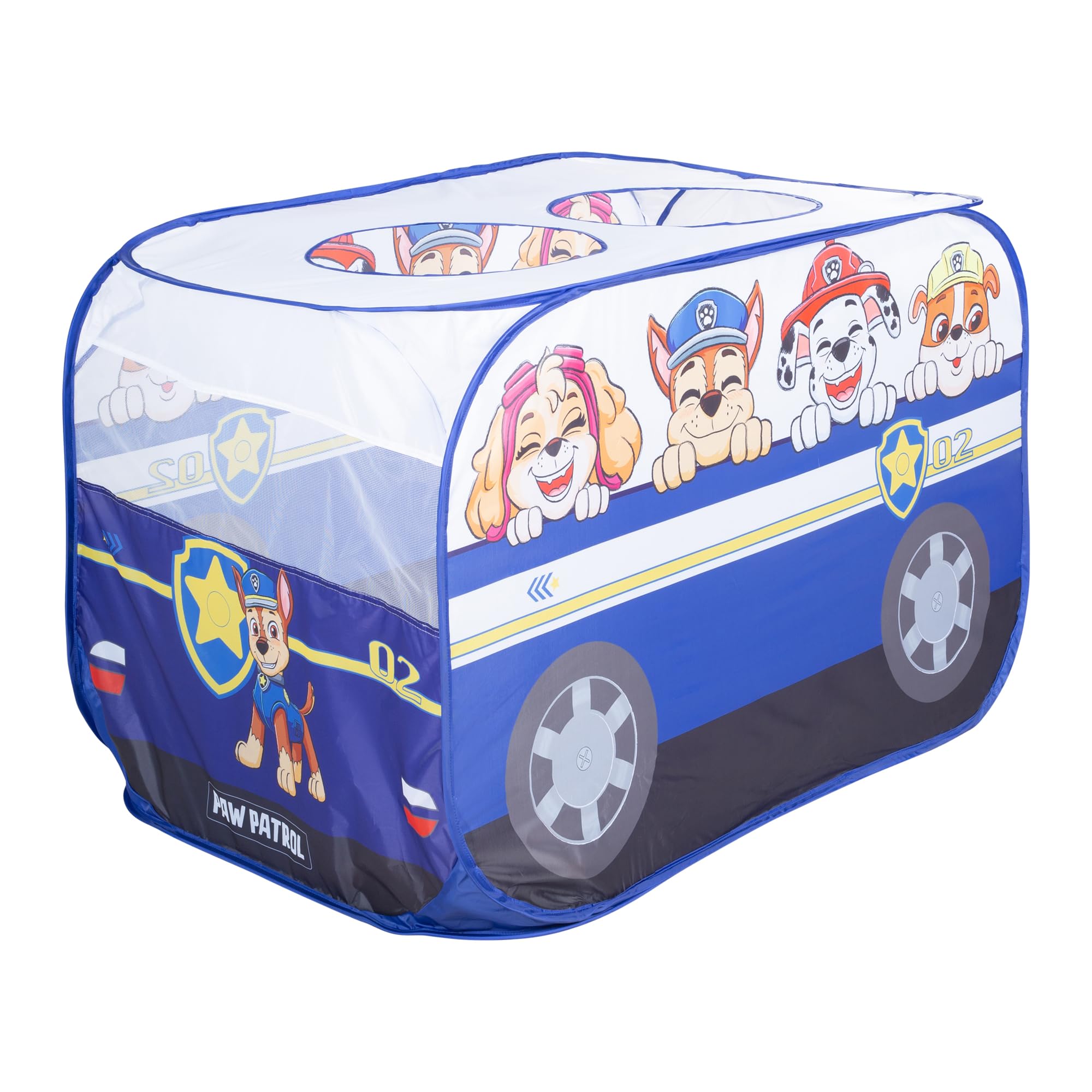 roba Paw Patrol Tienda de Juego - Carpa Infantil en Forma de Coche de Policía - Función Plegable + Bolsa de Transporte - Diseño de Perros Chase, Marshall, Rubble, Skye - Azul/Blanco