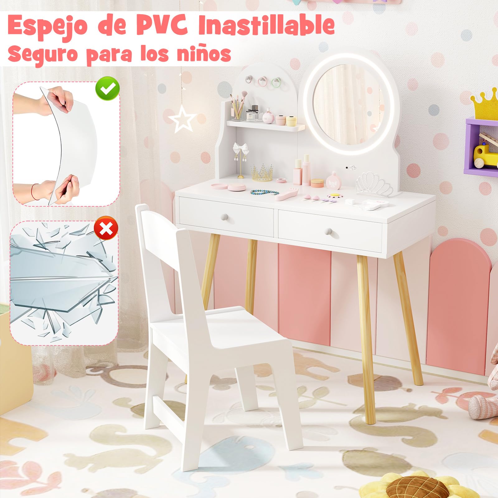 COSTWAY Tocador Niña, Tocador de Maquillaje Niña con Espejo Iluminado, Juego de Mesa y Silla de Princesa con Espejo y Luces, Estante Abierto, Ganchos y Cajones (Blanco)