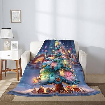 Snowy Christmas Tree Night Cozy Flannel Blanket,Detailed with Colorful Baubles and Presents Under Starlight,Hypoallergenic and Anti-Pilling for Sensitive Skin, A Magical 50X40