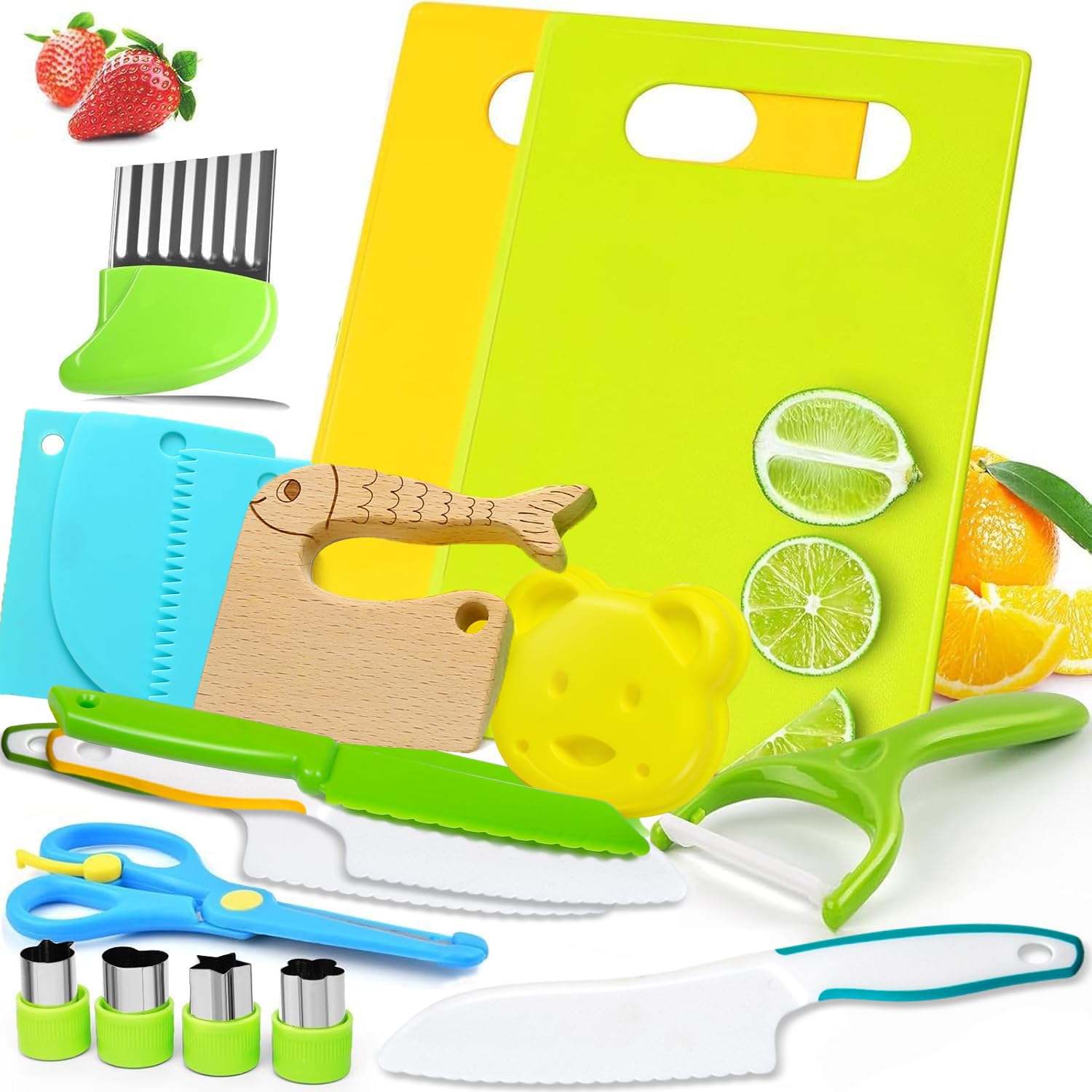 Kit Couteau de Cuisine pour Enfants, 18 Pièces Couteau Sécurité de Cuisine pour Enfants, Peut Etre Utilisé pour Couper et Cuisiner, Ustensile Cuisine Enfant à Partir de 2 ans