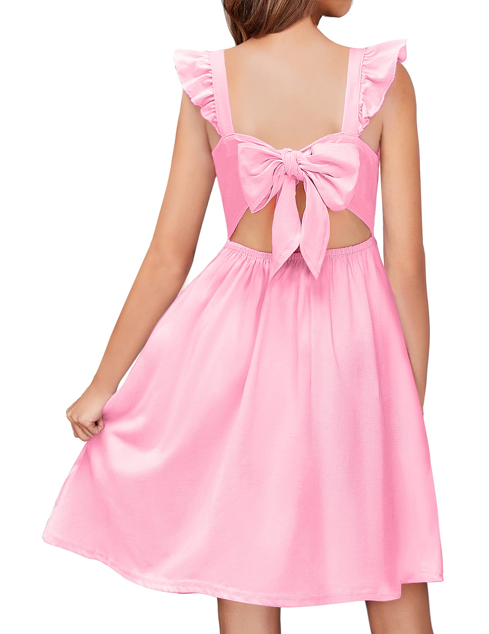 Arshiner Girls Summer Dresses Square Neck Ruffle Sleeve Tie Back A-Line Swing Casual Midi Dress with Pockets