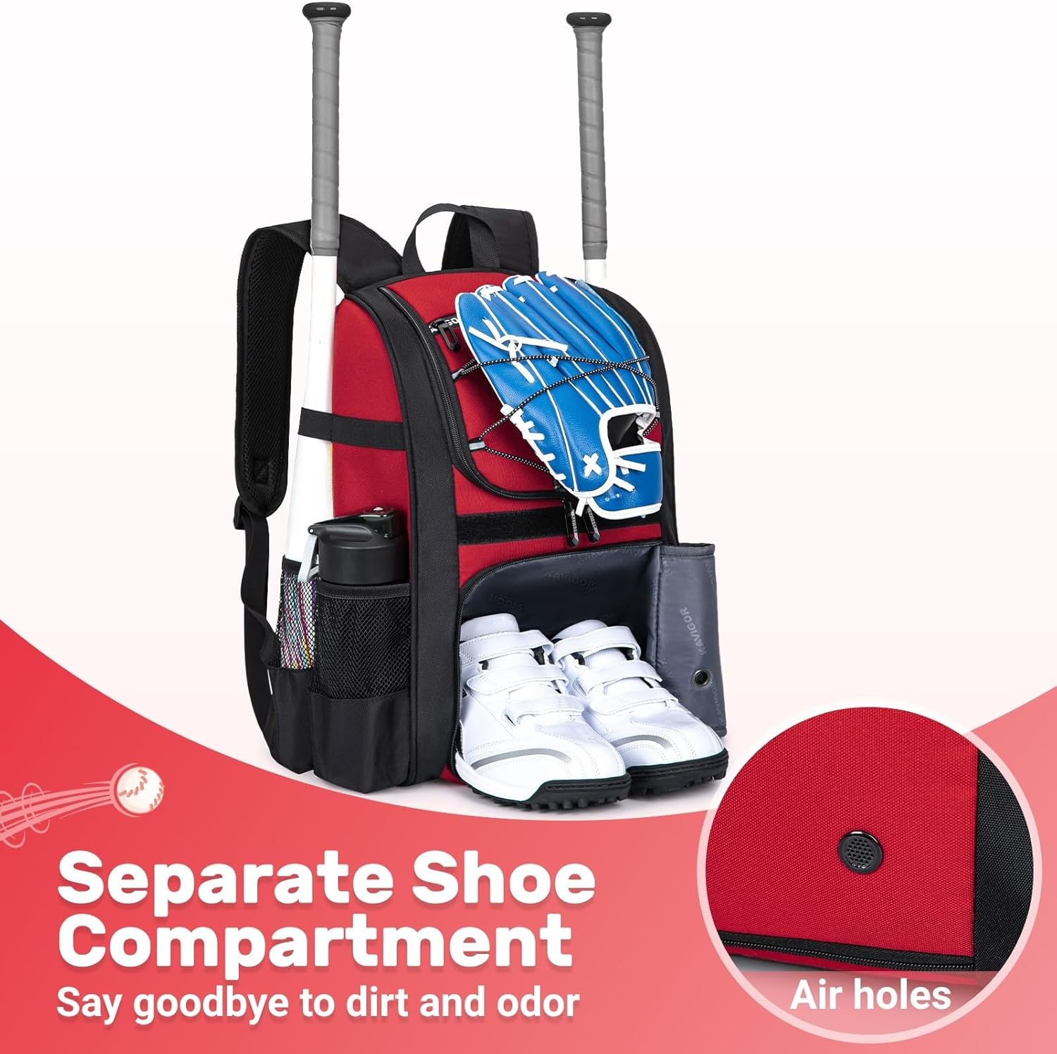 KAVIGOR Youth Baseball Bag, Softball Bag for Girls & Boys, Kids Tball Backpack with Shoes Compartment