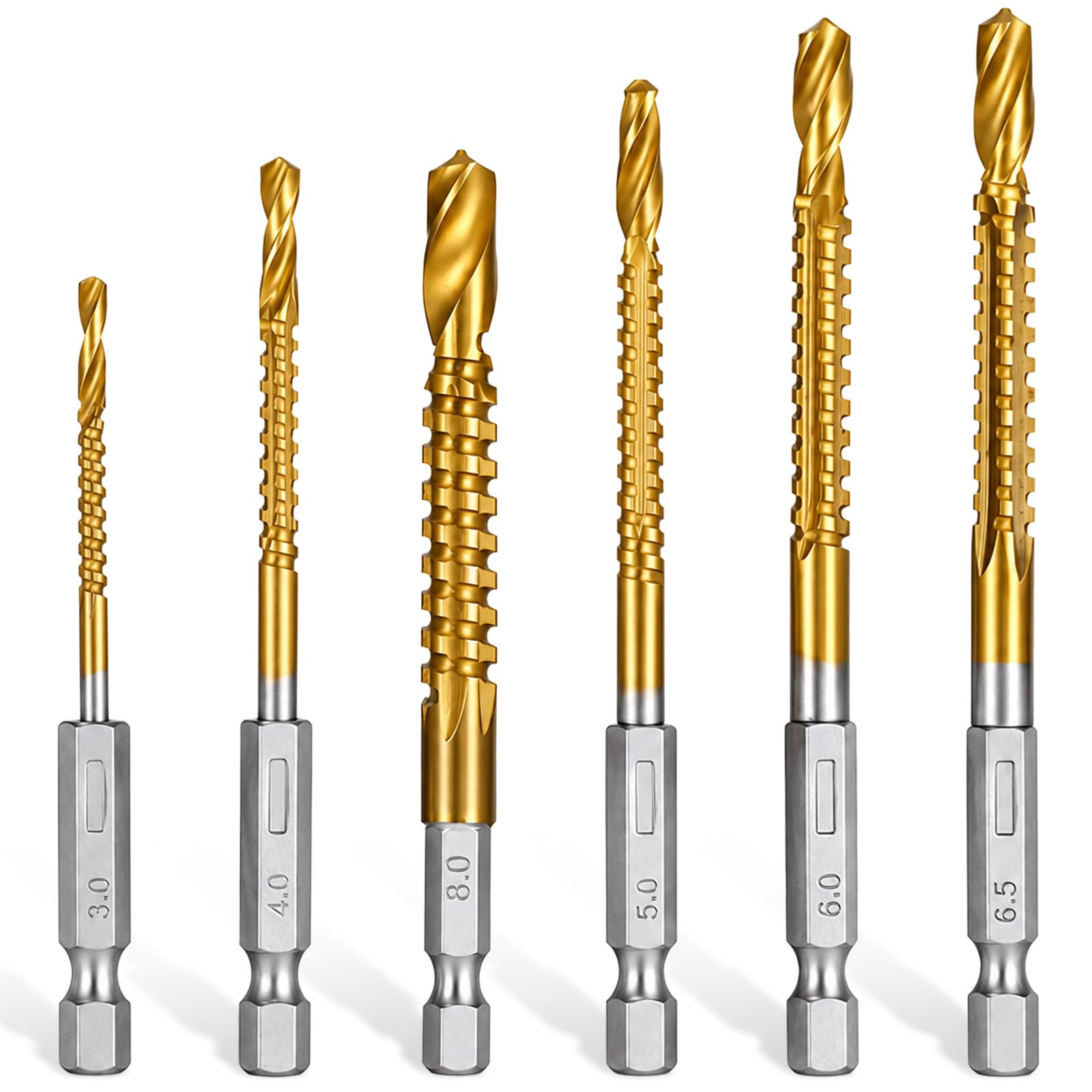 PEOVLVN Titanium Drill Bit Set, 6 Pack 3-8mm HSS Metal Drill Bits