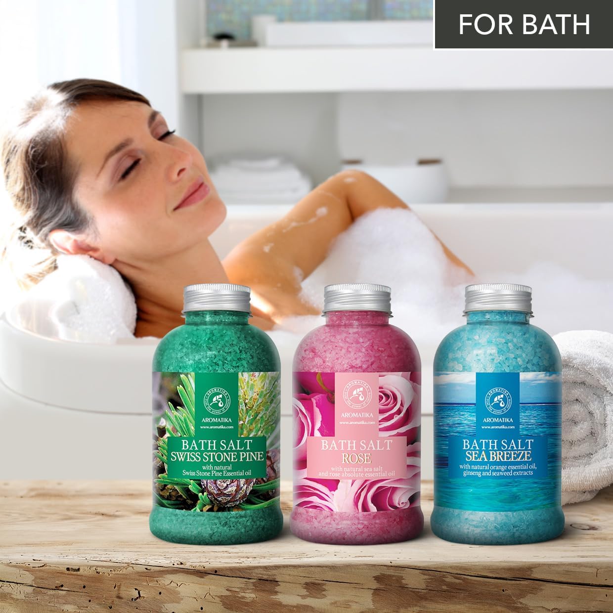 Bath Salts Swiss Stone Pine, Rose, Sea Breeze - Set 3 * 21.16 Oz (600g) - Bath Soak - Natural Sea Salt - Body Care - Beauty - Wellness - Relaxation - Aromatherapy Bath Salts