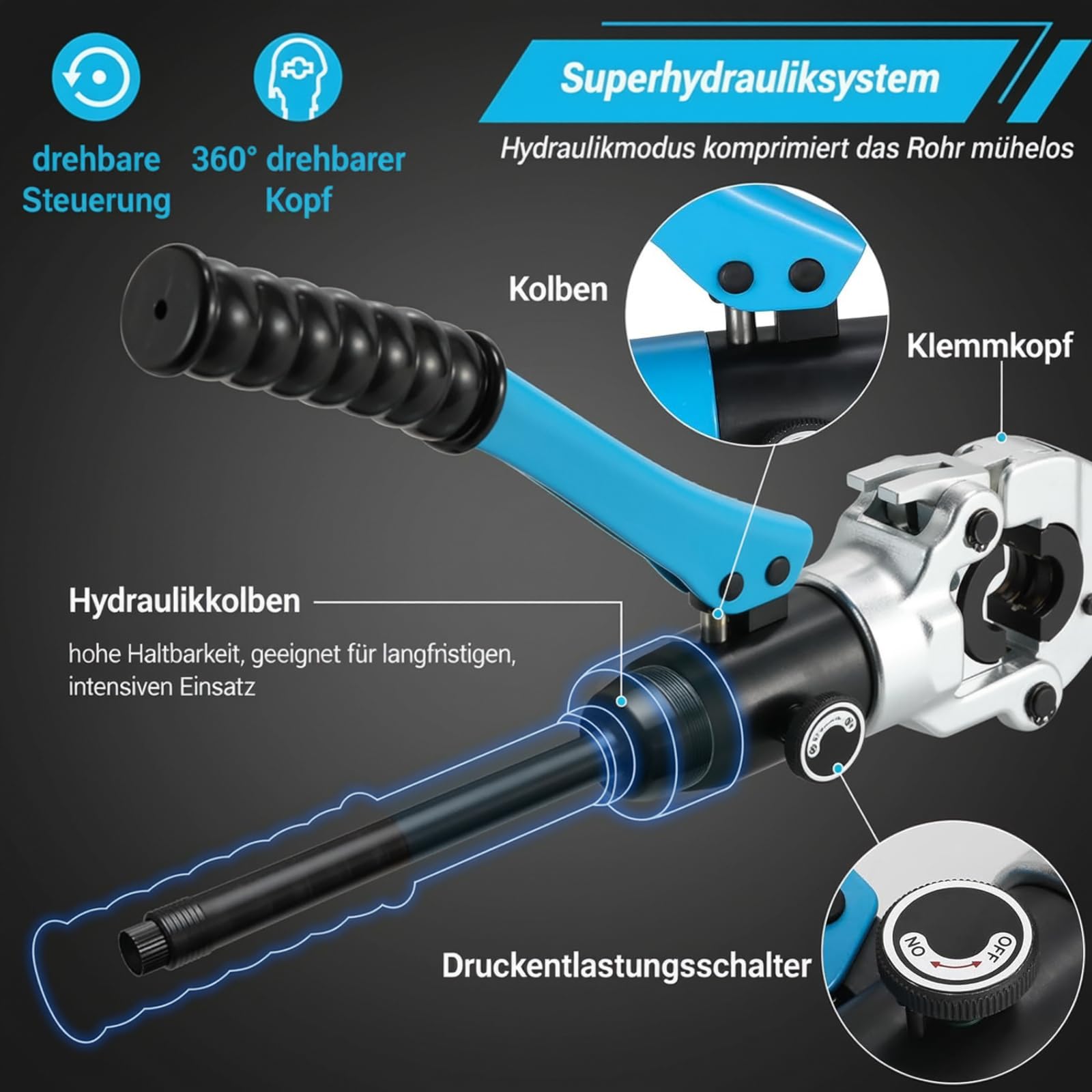 TLGREEN Pinza Crimpare TH per Tubo plastica e alluminio,16-20-26-32mm,360° Testa Rotante,8T,Crimpatrice Multistrato,Pinza per Serra Multistrato,Pinza a Pressione Idraulica