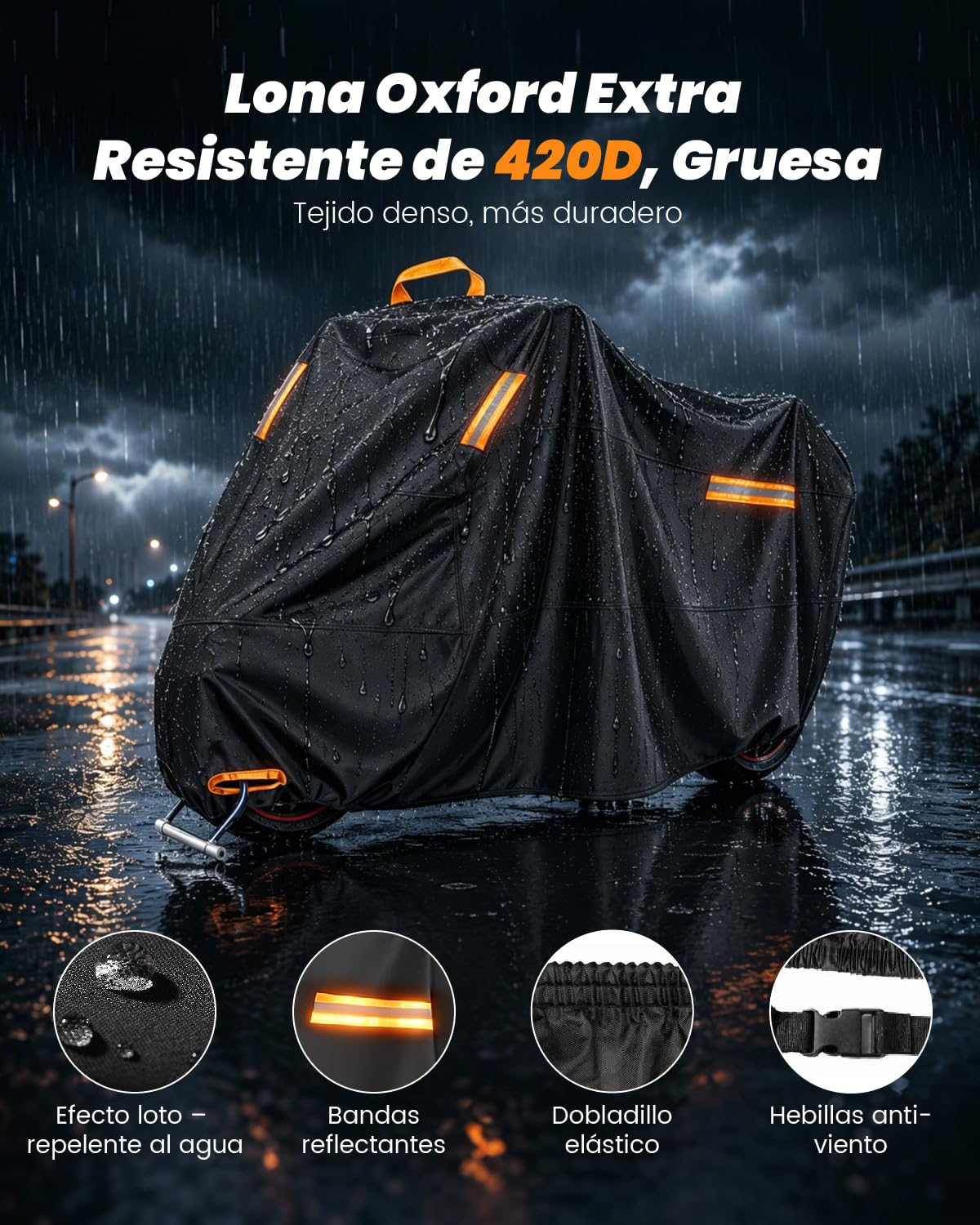 Funda para Moto 4XL, 420D Impermeable Motocicleta Exteriores con Orificio para Cadena Antirrobo, Protección contra Polvo, Lluvia, Nieve y Rayos UV (295 × 110 × 140 cm)