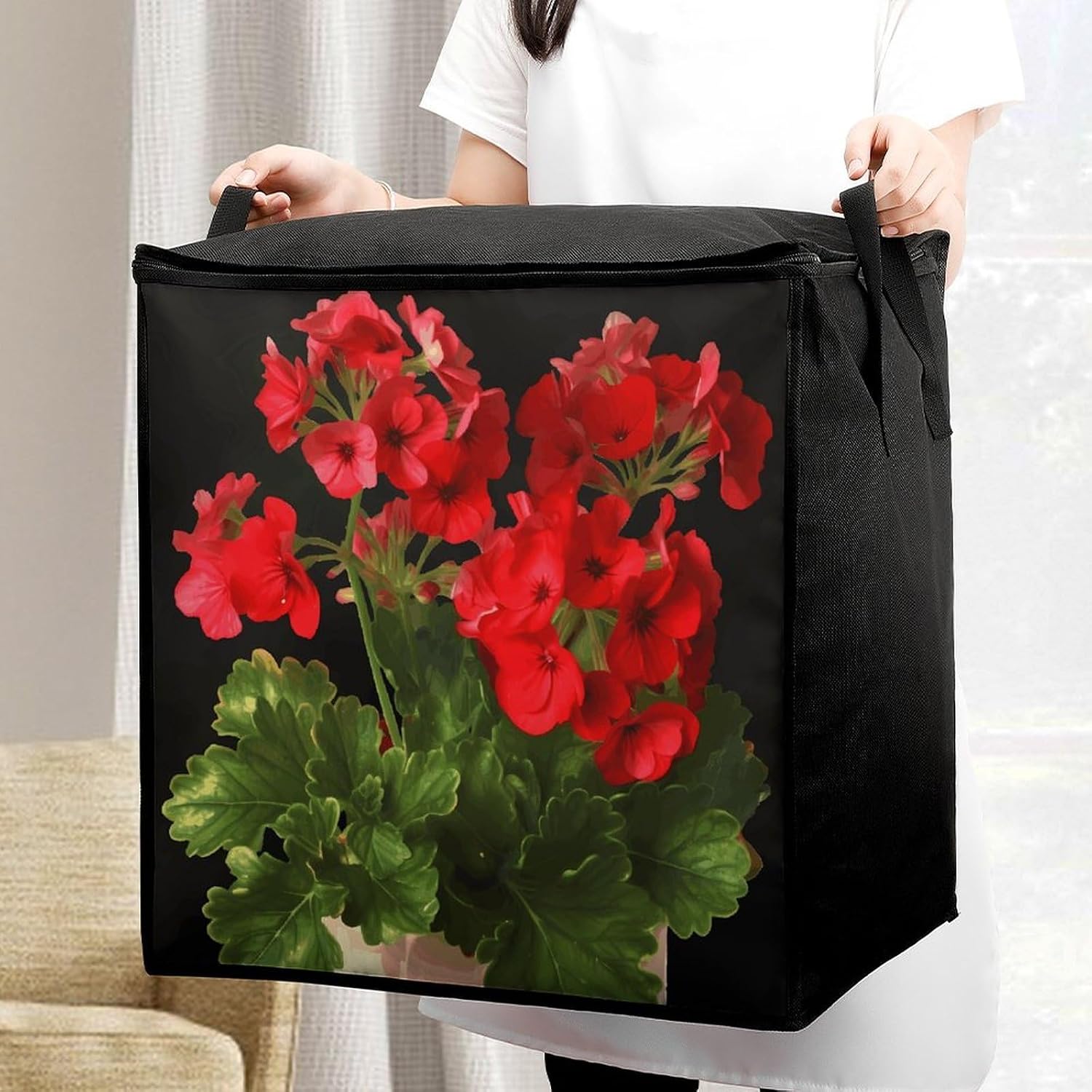 Red Geraniums Storage Bag with Zippers And Handle Extra Large Bedding Comforter Storage Bag Foldable Blanket Storage Bags Fabric Moving Bags for Closet Organizer (70L)
