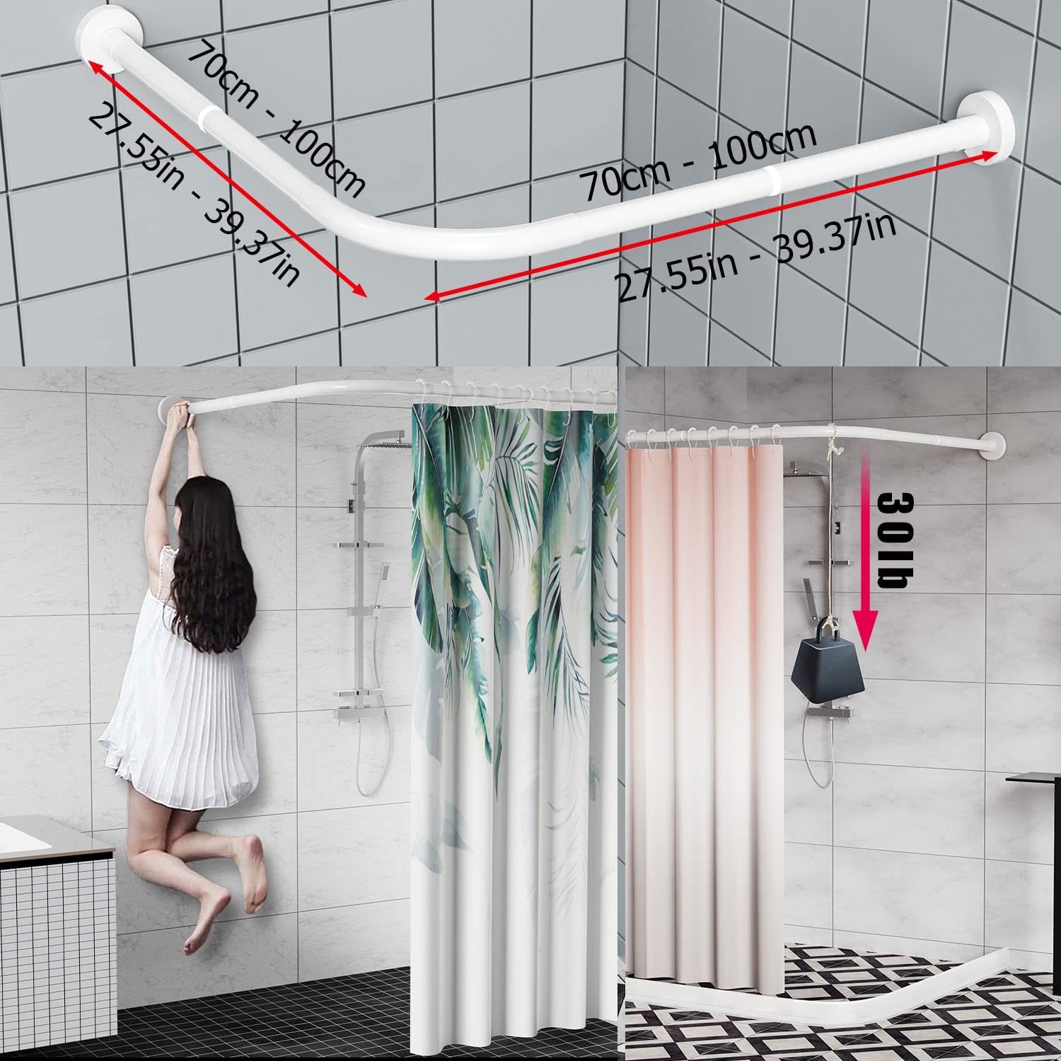 Rozciągliwy narożny drążek do zasłony prysznicowej ze stali nierdzewnej 304 w kształcie litery L (biały 70-100 cm x 70-100 cm), montaż bez wiercenia, do łazienki, sklepu odzieżowego,