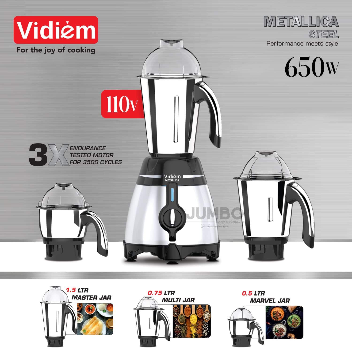 Vidiem Metallica STEELE 650W -110V UL-CERTIFIED MOTOR with SS Jars- Indian Mixer Grinder Blender, Spice & Coffee grinder for the use in Canada/USA