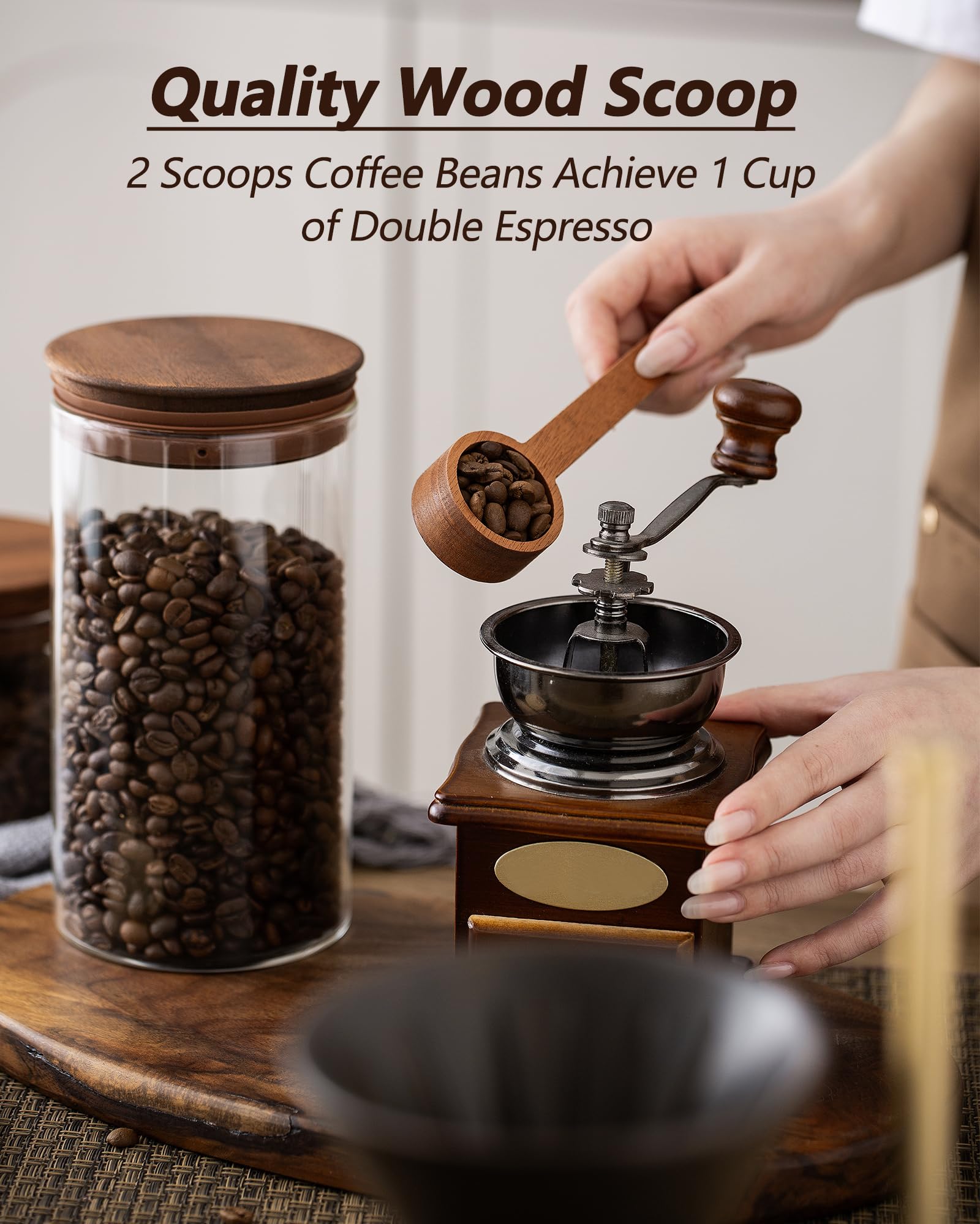 1100 ml Kaffeedose mit Schaufel und Holzdeckel, luftdichter Kaffeesatzbehälter, 2er-Set, Glas-Vorratsdose für Cafébohnen, Aufbewahrungsbar, Bar-Organizer
