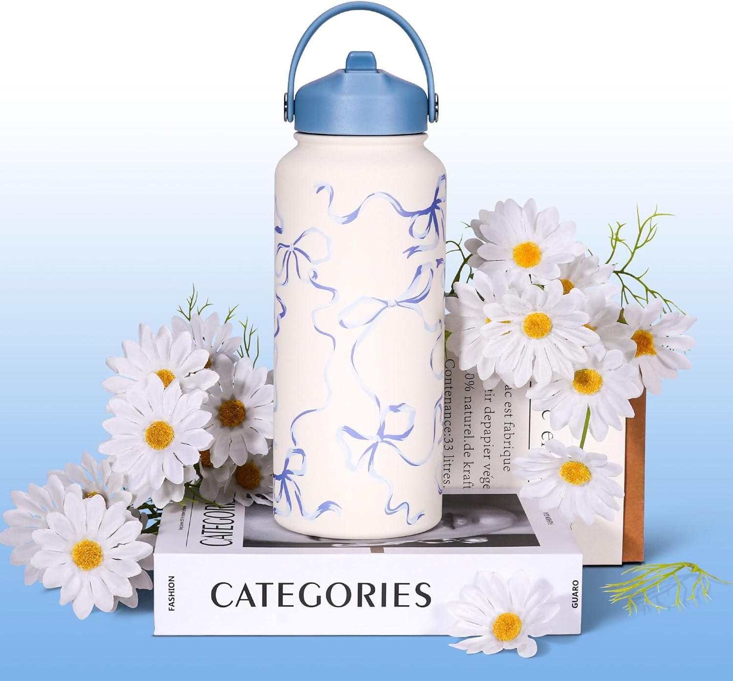 Goetland Ribbon Water Bottle with Straw Lid 32 oz Stainless Steel Wide Mouth Vacuum Double Insulated Drinking Cup Cute Leakproof UV Printing For Women Girls Blue - Image 7