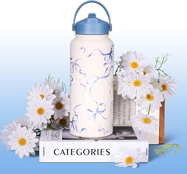 Goetland Ribbon Water Bottle with Straw Lid 32 oz Stainless Steel Wide Mouth Vacuum Double Insulated Drinking Cup Cute Leakproof UV Printing For Women Girls Blue
