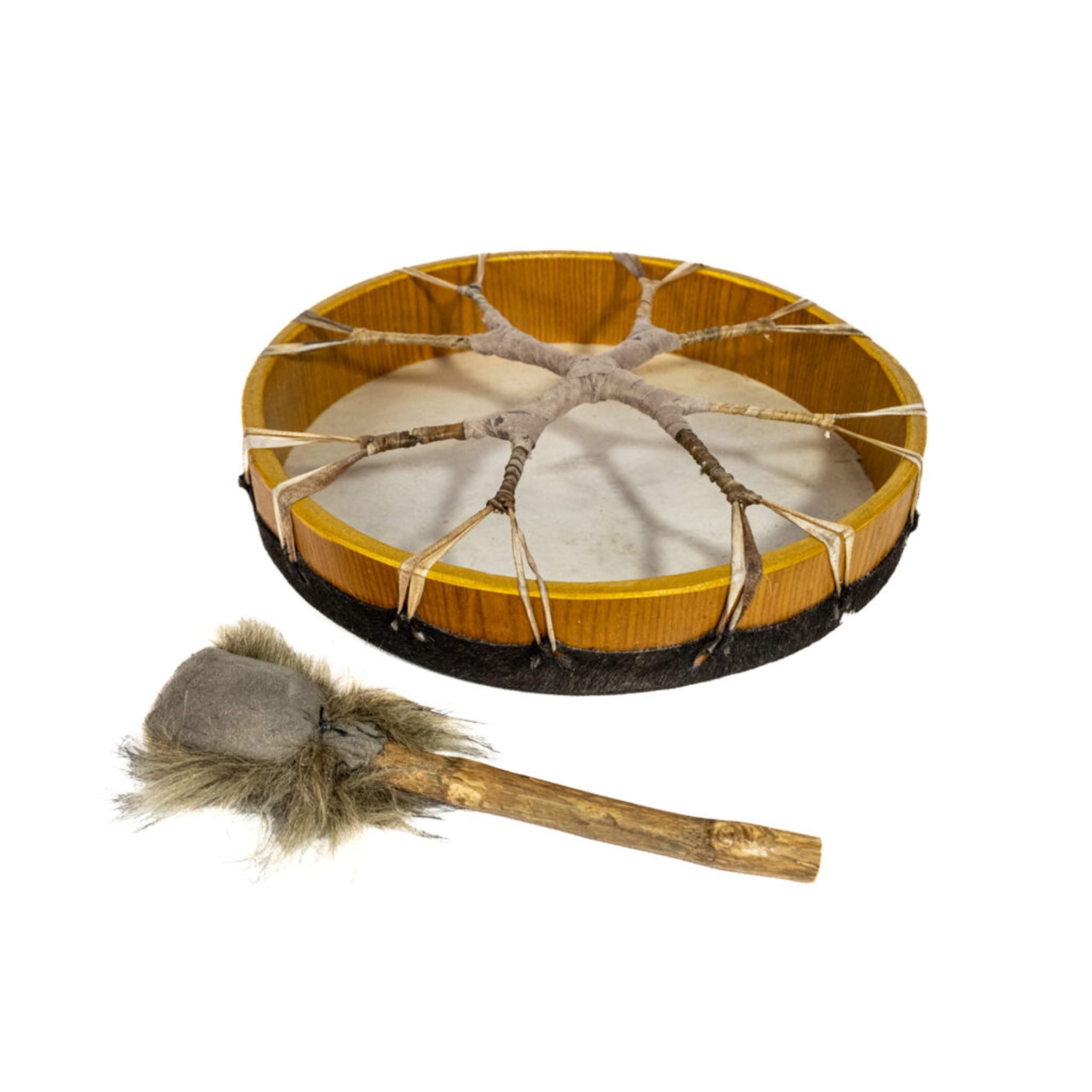 Round Shaman Drum, Shaman Drum - Natural Hairy Goatskin with Plush Beater (35cm), Brown, 14in (35cm) diameter - Image 2