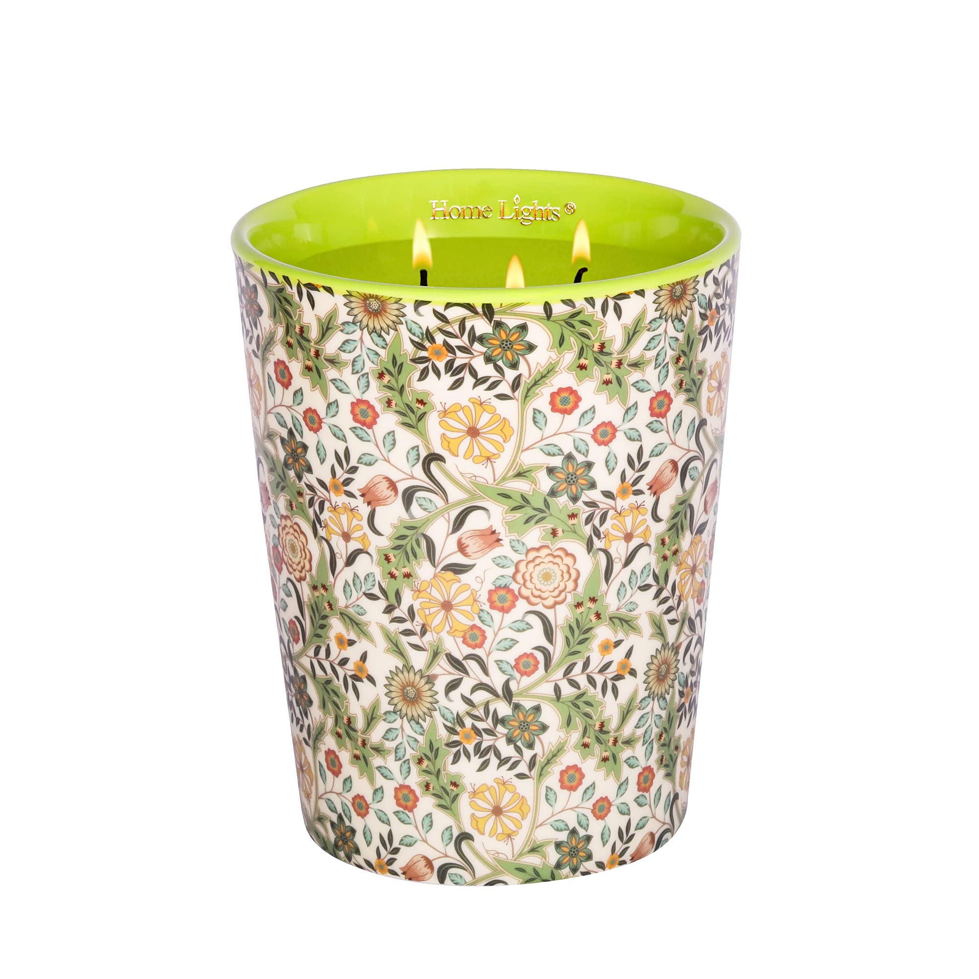 HomeLights Scented Candle in Decorative Ceramic Jar Large 32oz - Beautiful Designs, White Jasmine Scents, 3 Cotton Wicks, SmokelessSoy Wax, Burns 110 Hours. Ideal for Bedroom, Kitchen, Bath