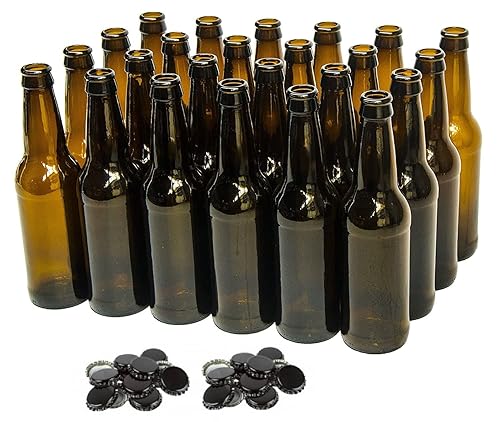 North Mountain Supply Botellas de cerveza ámbar de cuello largo de 12 onzas, caja de 24, incluye 48 tapas de corona negras