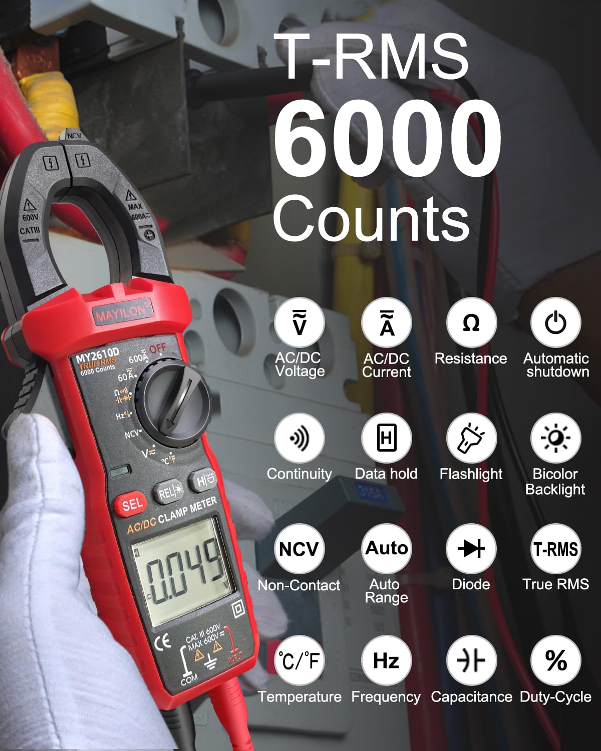 Digital Clamp Meter, Multimeter TRMS 6000 Counts Amp Volt Meter Auto-ranging Measures AC/DC Voltage, AC/DC Current Capacitance NCV Frequency Live Wire Resistance Diode Temperature Continuity MY2610D