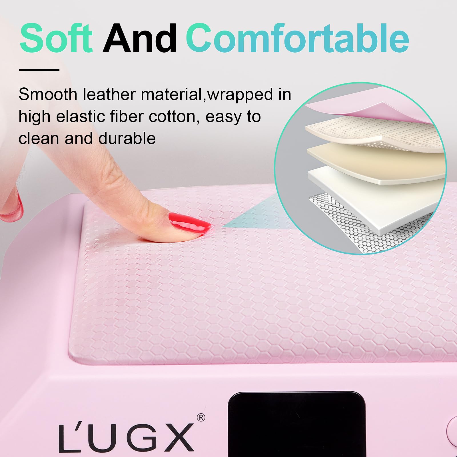 L'UGX Lampada professionale per polimerizzazione unghie per asciugatura smalto gel 72 W LED UV con cuscino bracciolo e vassoio retrattile, perfetta per manicure e pedicure in salone e a casa, rosa