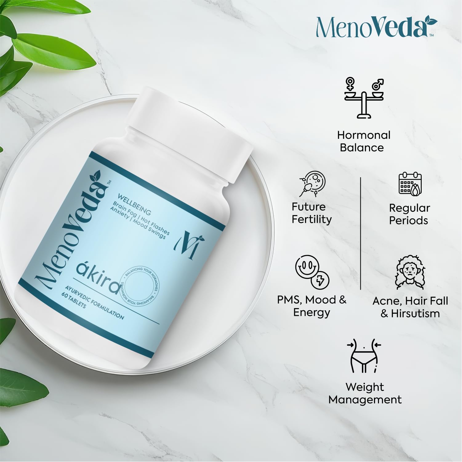 Menoveda Ákira Ayurvedic PCOS Supplement for Women with 12+ Herbs | Supports Hormonal Balance & Menstrual Comfort | With Shatavari, Ashwagandha, Gotu Kola, Yashtimadhu & Guduchi | 60 Tablets 1