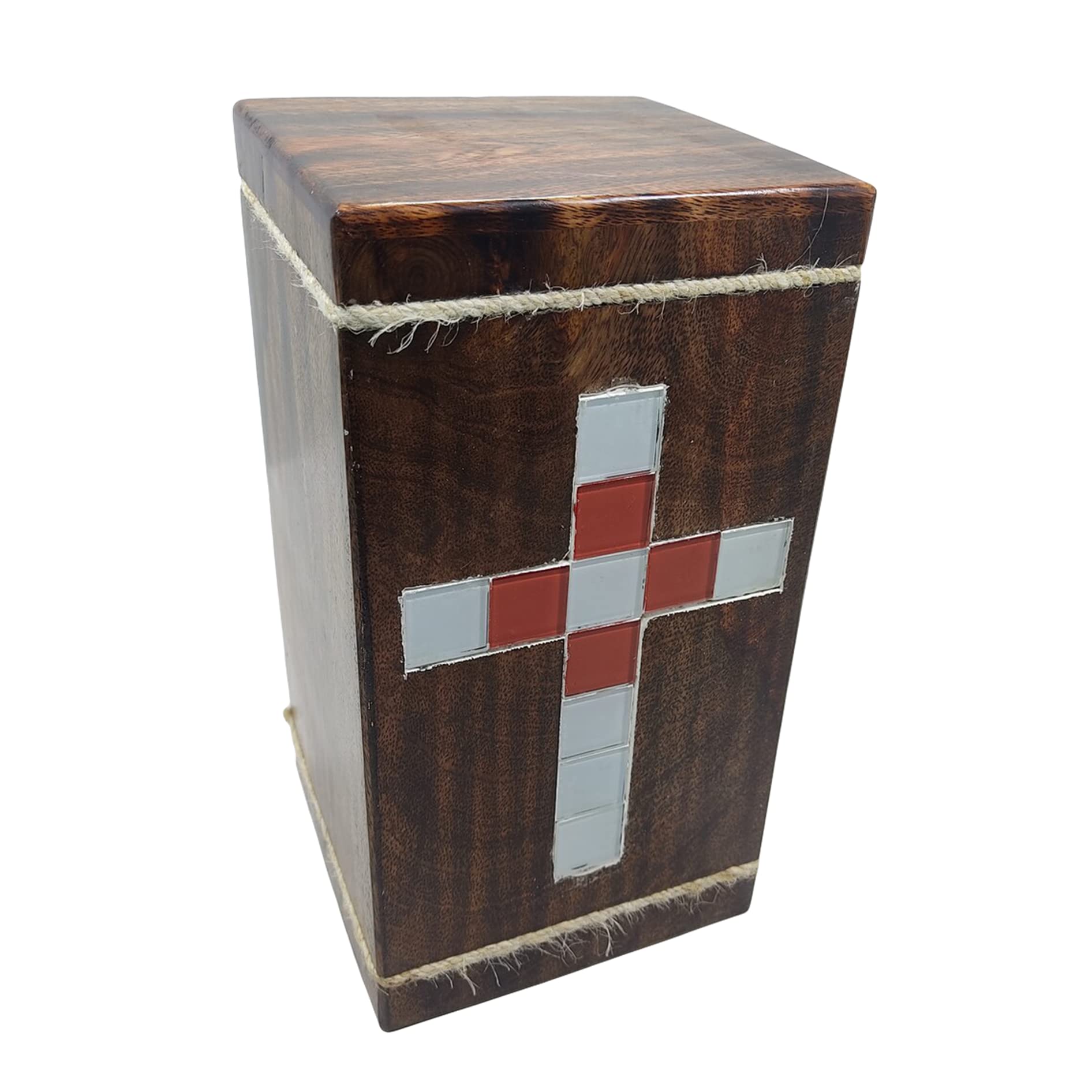 Urne pour cendres en bois avec croix rouge et décoration mosaïque unique
